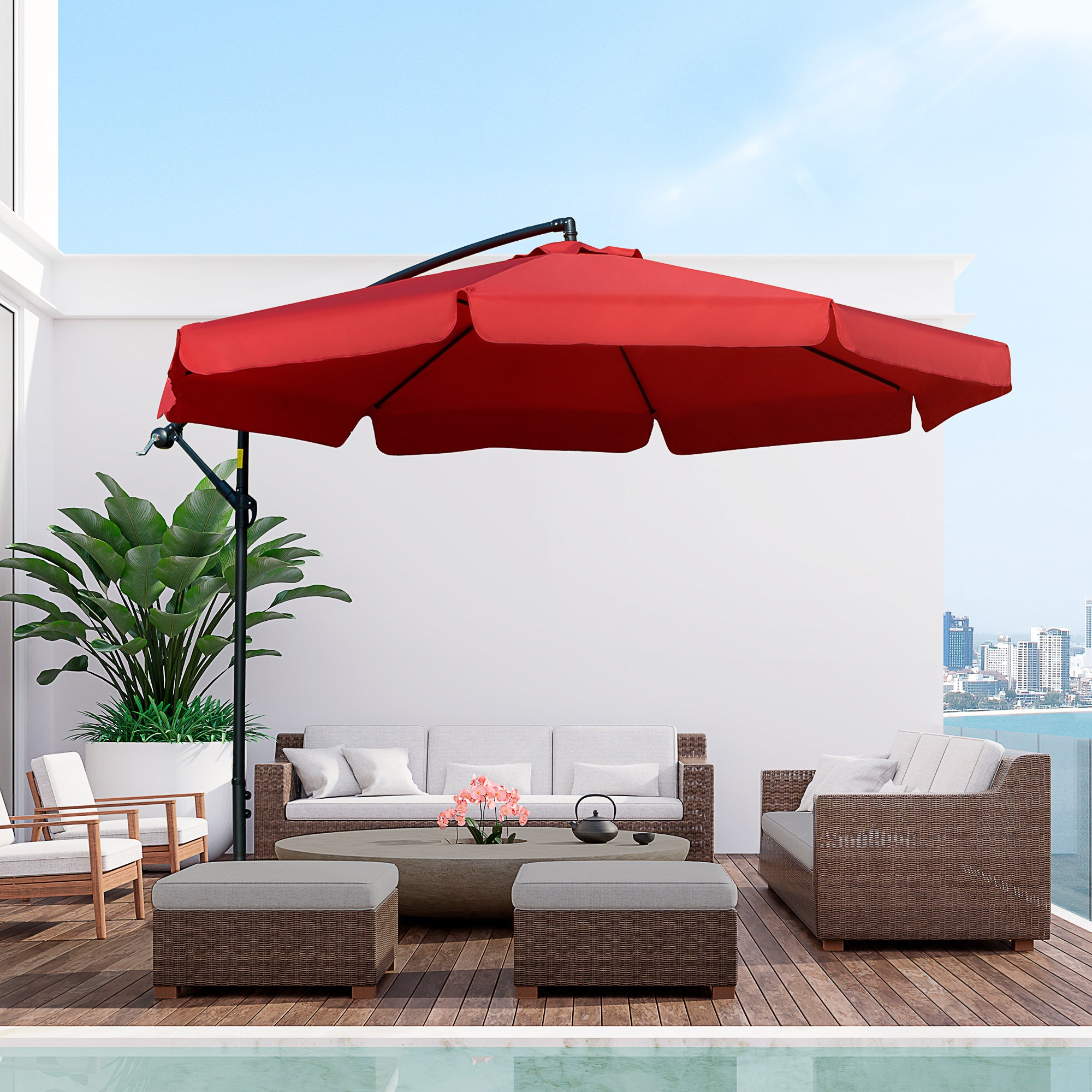 Outsunny 11FT Offset Hanging Patio Umbrella Cantilever Umbrella with Easy Tilt Adjustment, Cross Base and 8 Ribs for Backyard, Poolside, Lawn and Garden, Red