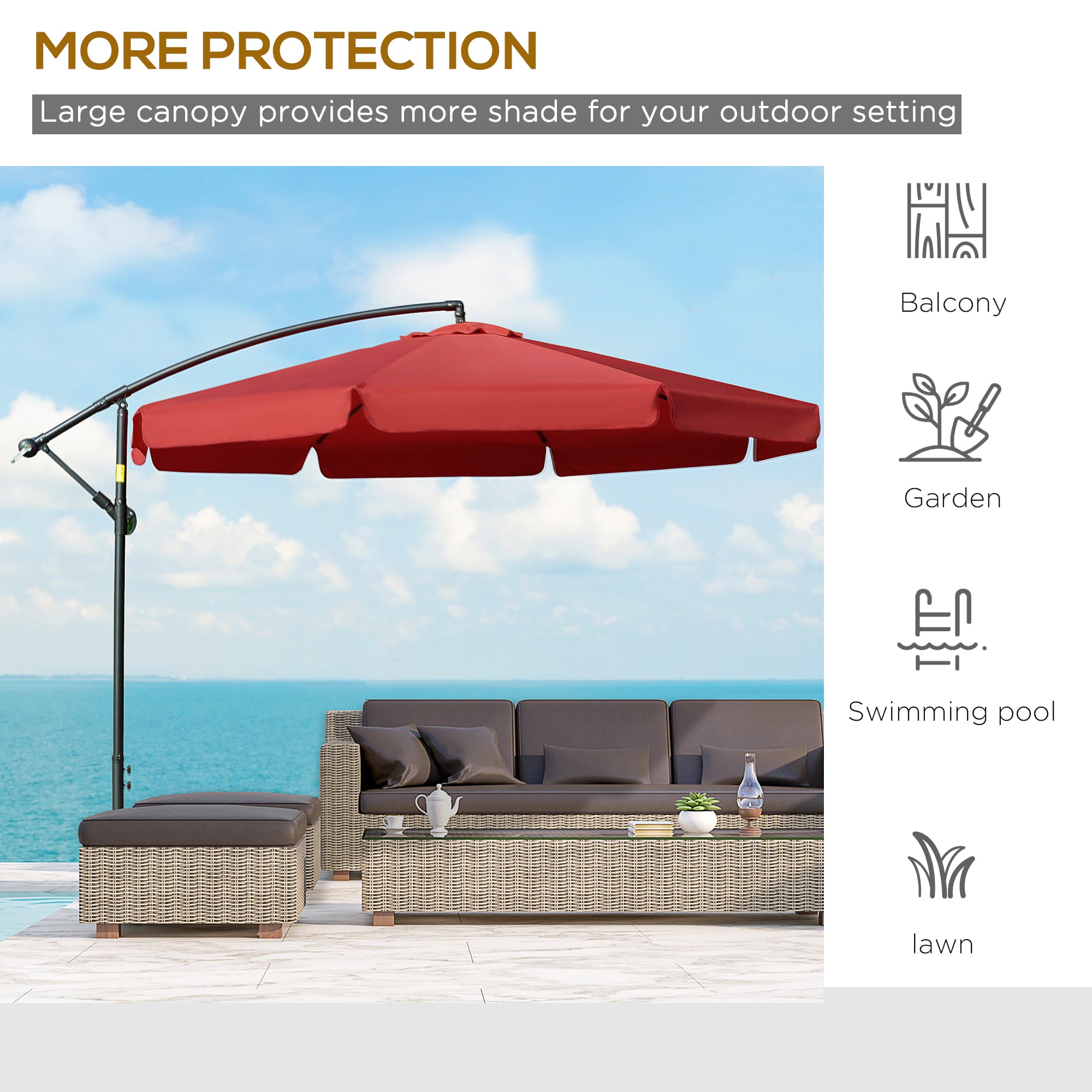 Outsunny 11FT Offset Hanging Patio Umbrella Cantilever Umbrella with Easy Tilt Adjustment, Cross Base and 8 Ribs for Backyard, Poolside, Lawn and Garden, Red