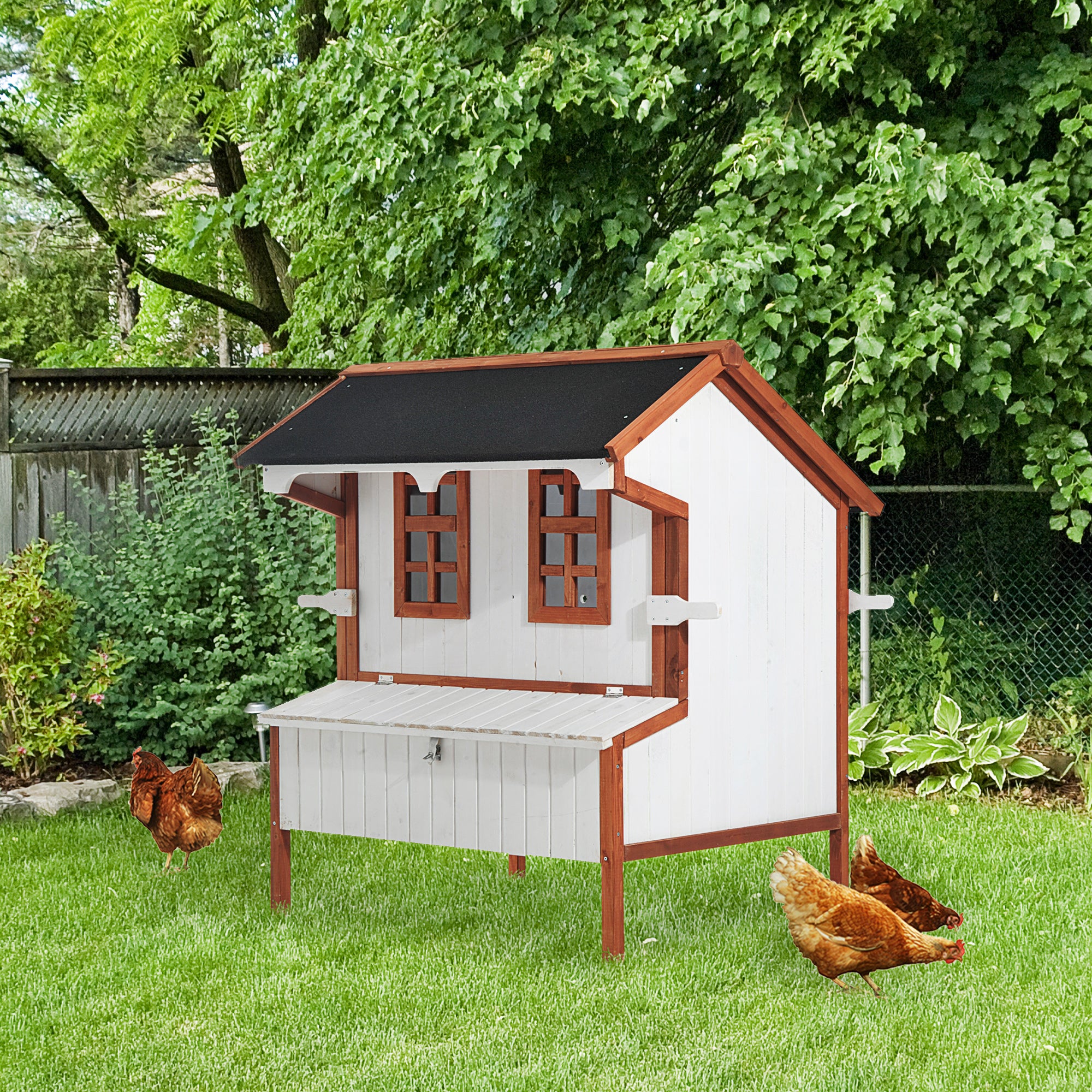 PawHut 47" Chicken Coop Wooden Chicken House Rabbit Hutch Raised Poultry Cage Portable Hen Pen Backyard with Nesting Box and Handles