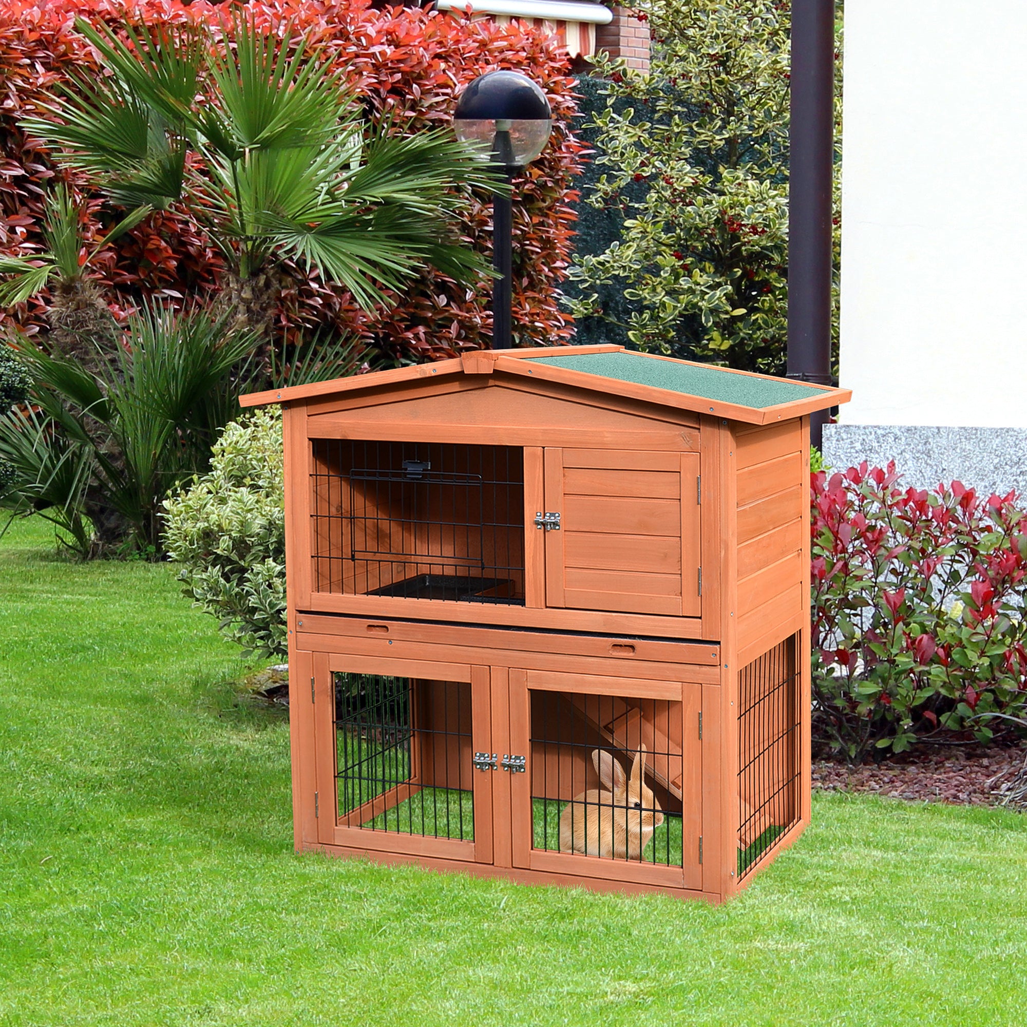 PawHut 2 Tier Rabbit Hutch Guinea Pig Hutch Ferret Cage with Ramp Slide Out Tray for Indoor Outdoor 39.6"L x 21.7"W x 39.8"H