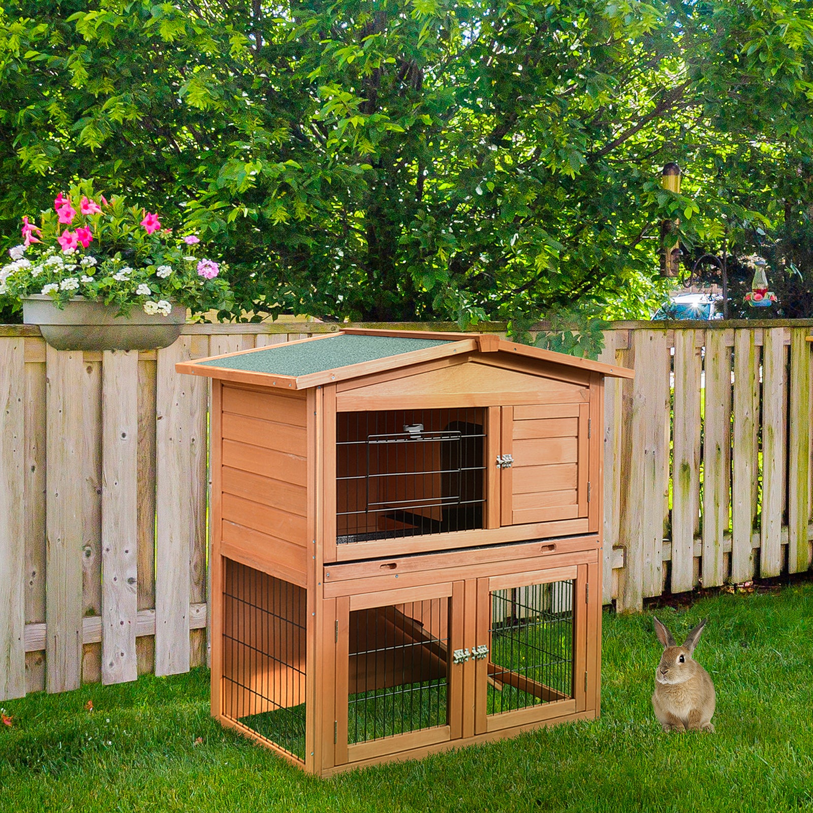 PawHut 2 Tier Rabbit Hutch Guinea Pig Hutch Ferret Cage with Ramp Slide Out Tray for Indoor Outdoor 39.6"L x 21.7"W x 39.8"H