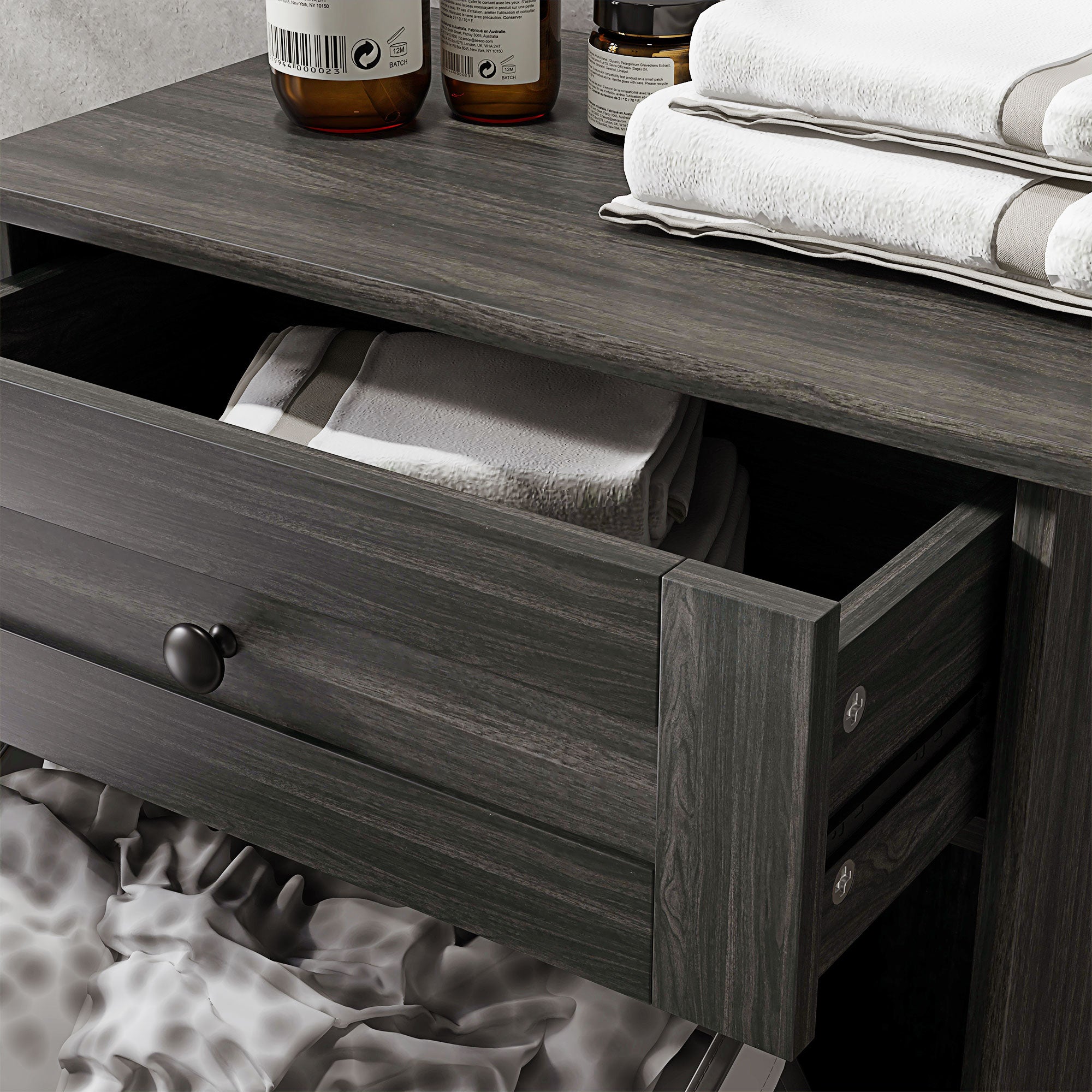 HOMCOM Tilt Out Trash Cabinet, Hidden Garbage Bin Cabinet with Drawer and Solid Wood Countertop, Free Standing Kitchen Trash Can Holder, Charcoal Grey