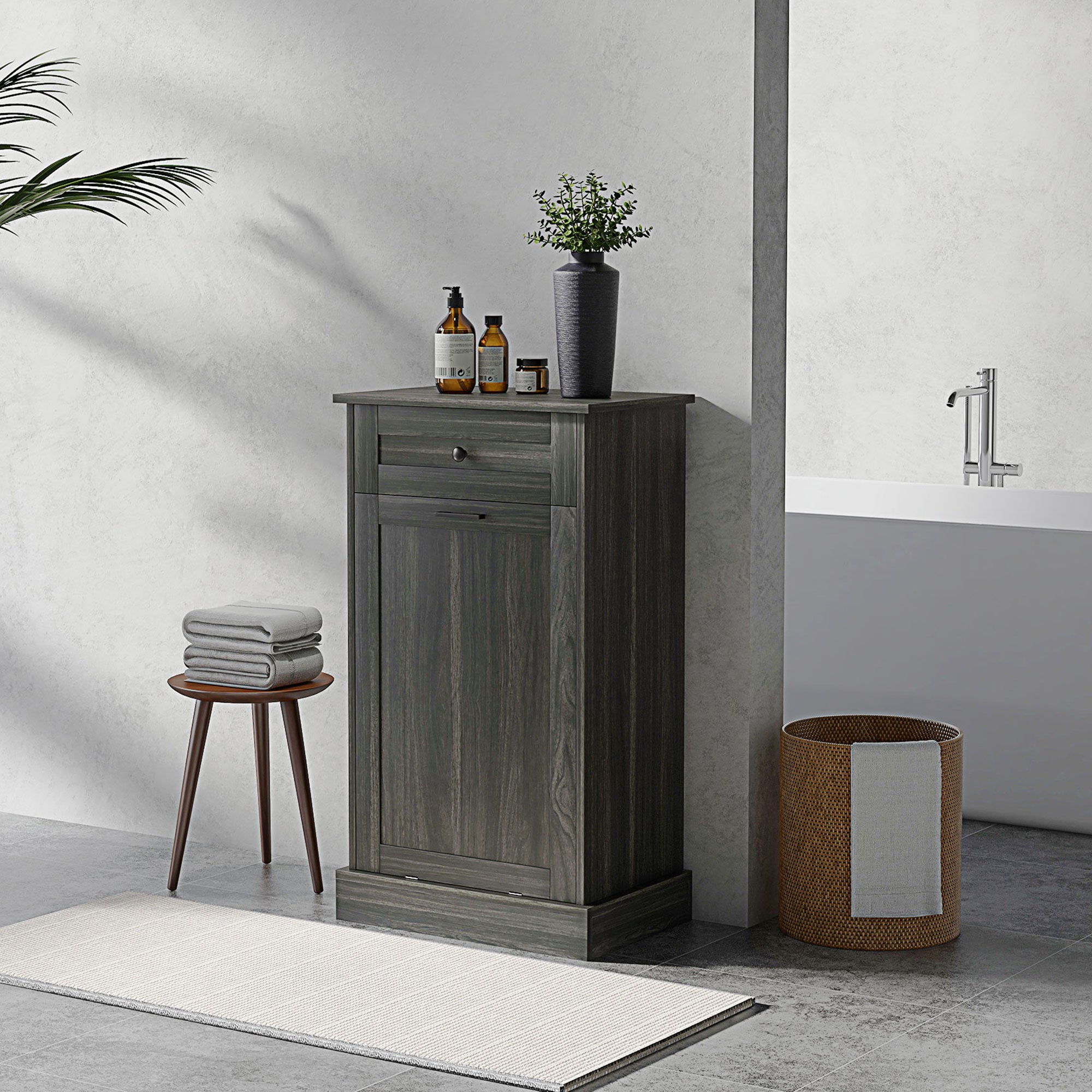 HOMCOM Tilt Out Trash Cabinet, Hidden Garbage Bin Cabinet with Drawer and Solid Wood Countertop, Free Standing Kitchen Trash Can Holder, Charcoal Grey