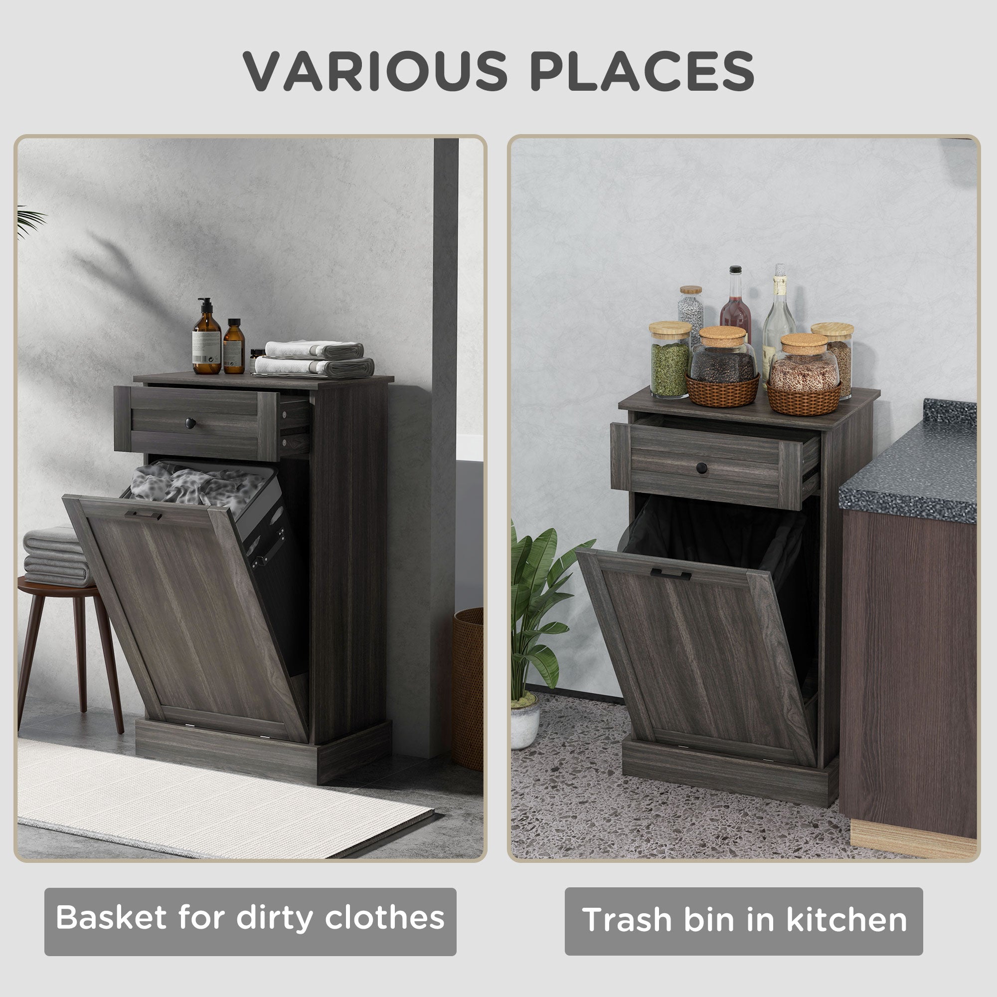 HOMCOM Tilt Out Trash Cabinet, Hidden Garbage Bin Cabinet with Drawer and Solid Wood Countertop, Free Standing Kitchen Trash Can Holder, Charcoal Grey