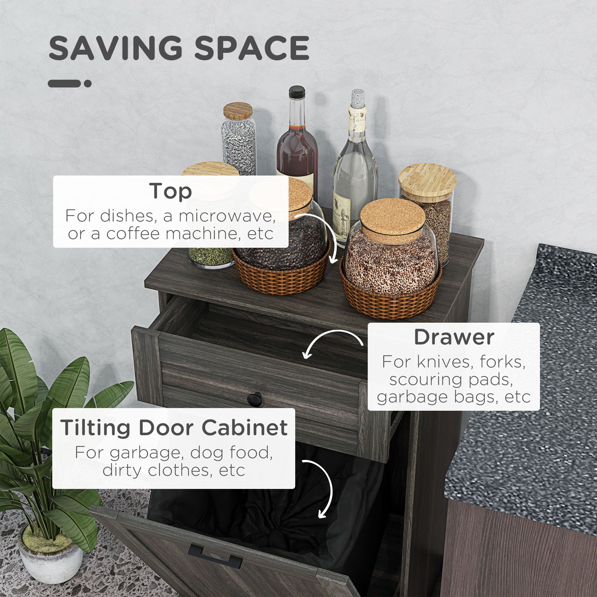 HOMCOM Tilt Out Trash Cabinet, Hidden Garbage Bin Cabinet with Drawer and Solid Wood Countertop, Free Standing Kitchen Trash Can Holder, Charcoal Grey