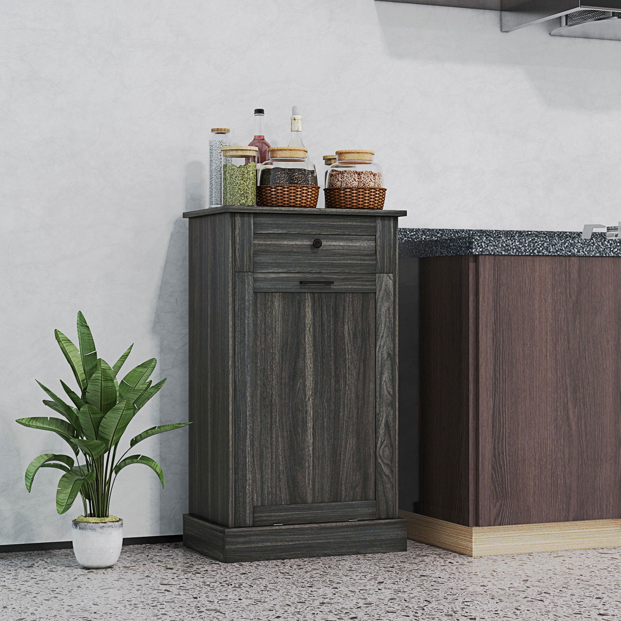HOMCOM Tilt Out Trash Cabinet, Hidden Garbage Bin Cabinet with Drawer and Solid Wood Countertop, Free Standing Kitchen Trash Can Holder, Charcoal Grey