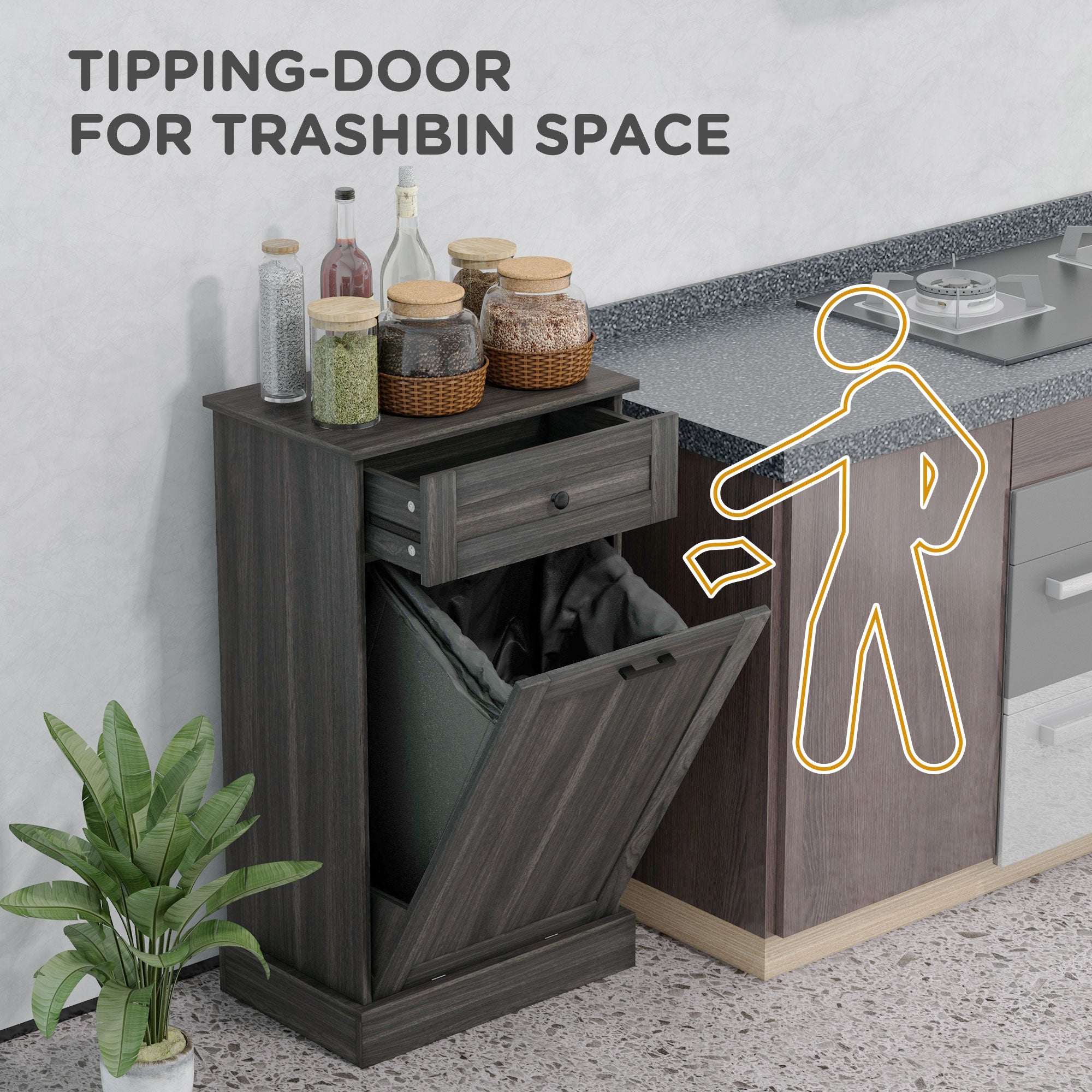 HOMCOM Tilt Out Trash Cabinet, Hidden Garbage Bin Cabinet with Drawer and Solid Wood Countertop, Free Standing Kitchen Trash Can Holder, Charcoal Grey