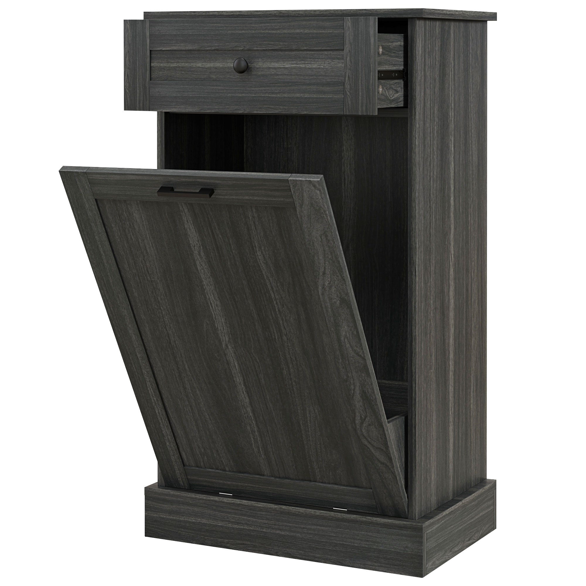 HOMCOM Tilt Out Trash Cabinet, Hidden Garbage Bin Cabinet with Drawer and Solid Wood Countertop, Free Standing Kitchen Trash Can Holder, Charcoal Grey