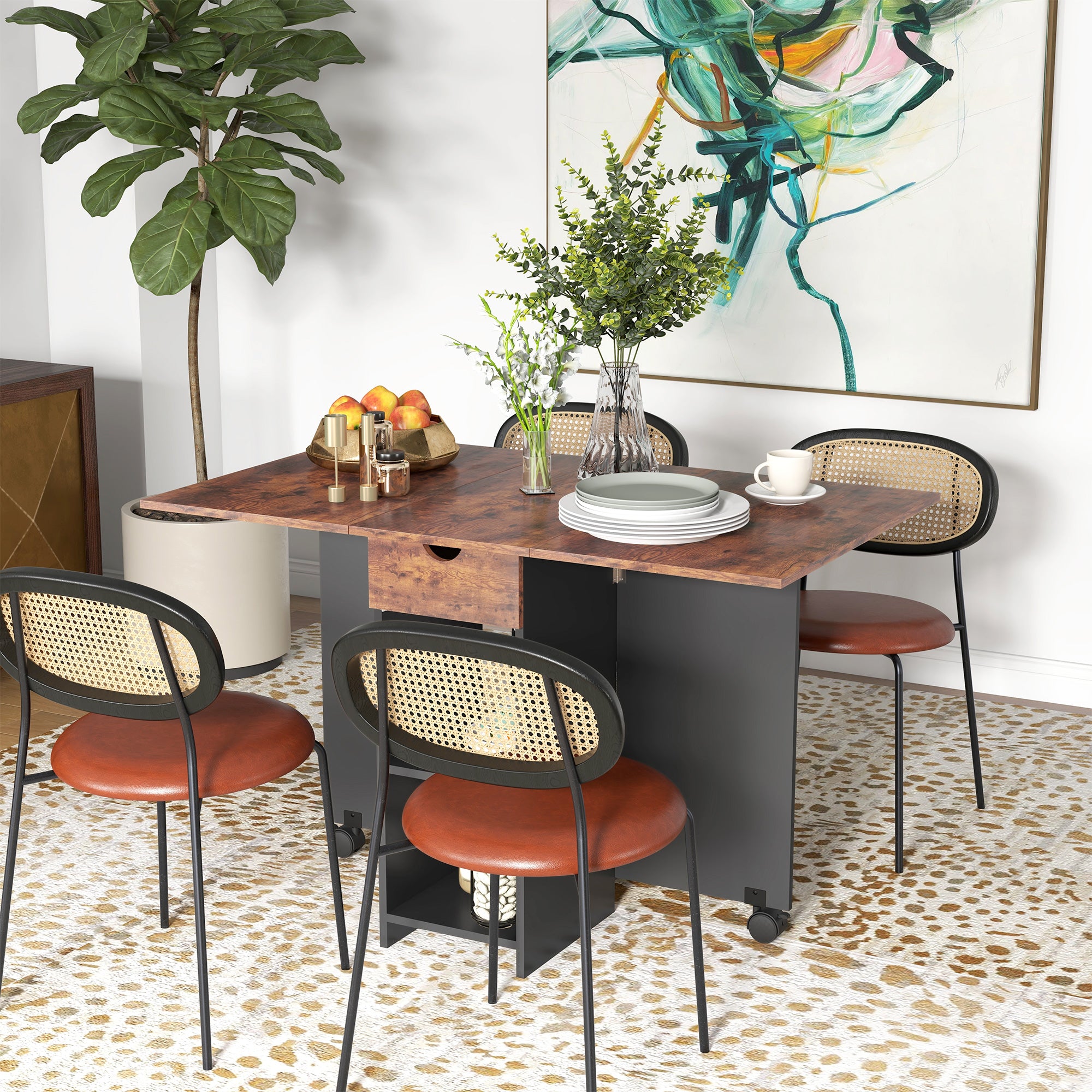 HOMCOM Folding Dining Table, 47" Drop Leaf Table for Small Spaces, Foldable Table with Drawer and Storage Shelves for Kitchen, Dining Room, Rustic Brown