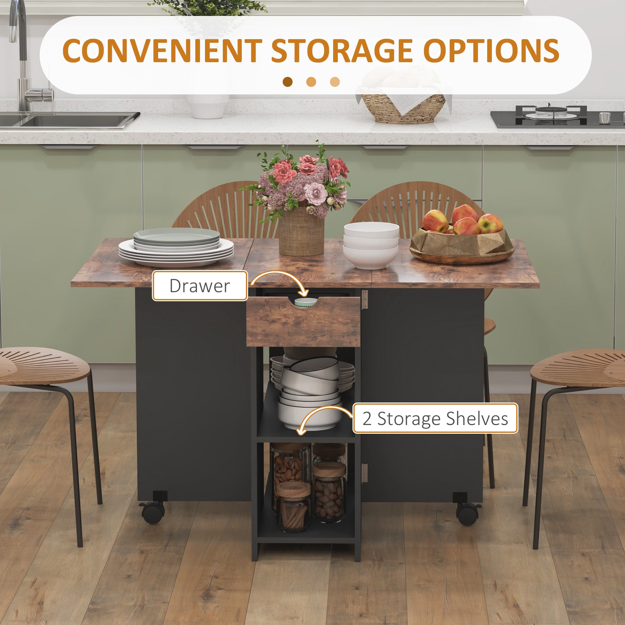 HOMCOM Folding Dining Table, 47" Drop Leaf Table for Small Spaces, Foldable Table with Drawer and Storage Shelves for Kitchen, Dining Room, Rustic Brown