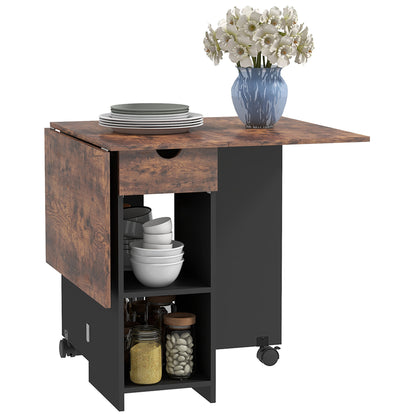 HOMCOM Folding Dining Table, 47" Drop Leaf Table for Small Spaces, Foldable Table with Drawer and Storage Shelves for Kitchen, Dining Room, Rustic Brown