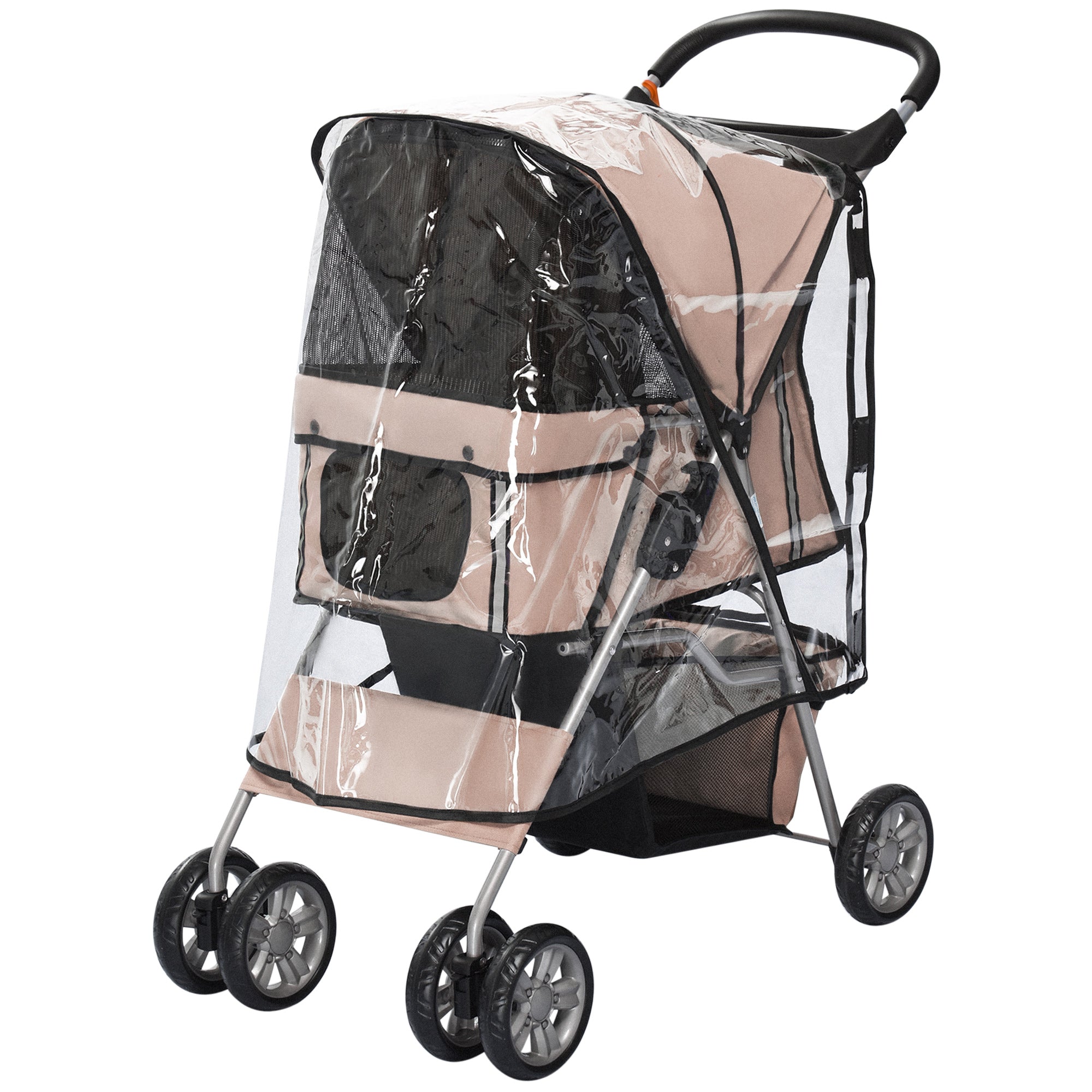 PawHut Dog Stroller with Rain Cover for Small Miniature Dogs, Folding Pet Pram with Cup Holder, Storage Basket, Reflective Strips, Brown