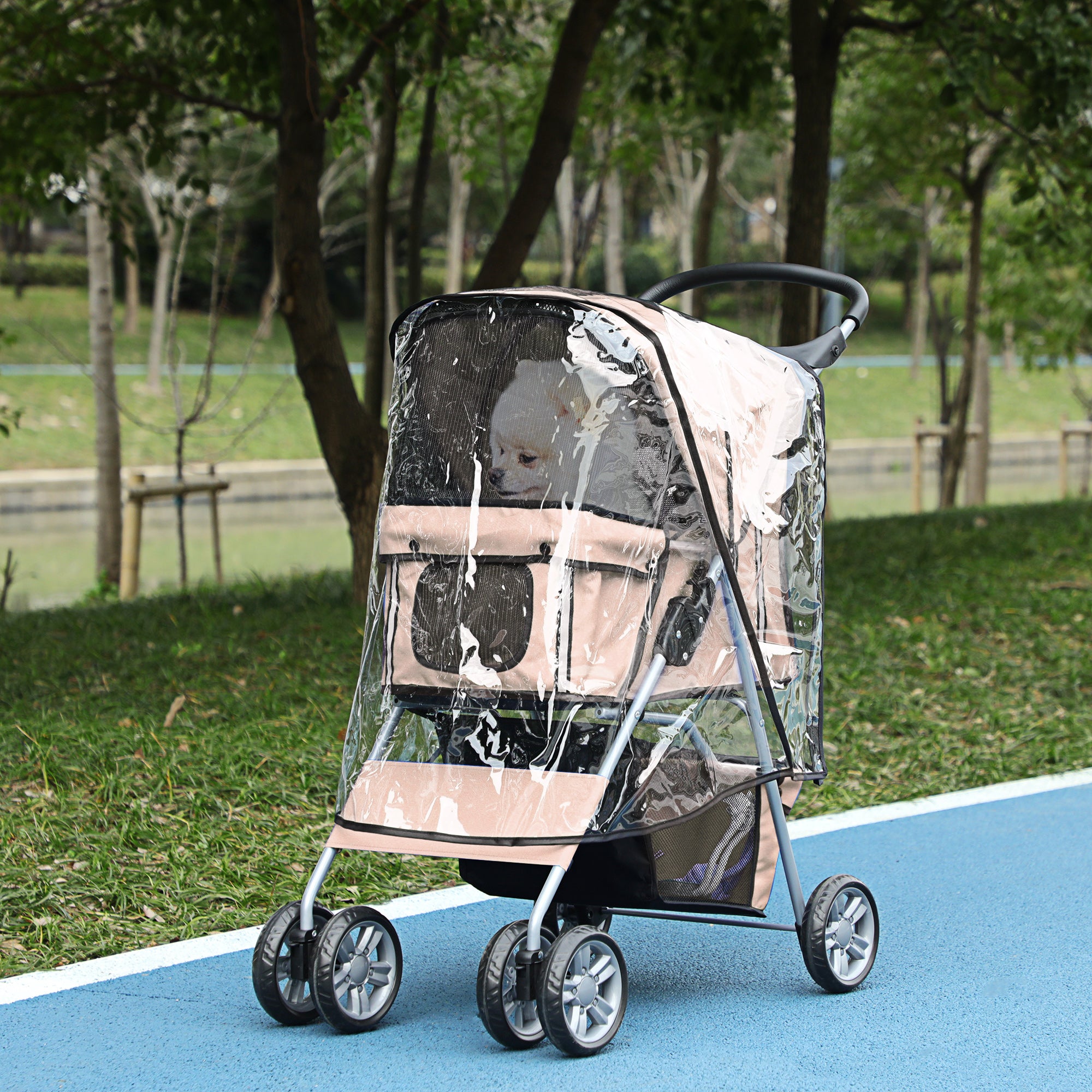 PawHut Dog Stroller with Rain Cover for Small Miniature Dogs, Folding Pet Pram with Cup Holder, Storage Basket, Reflective Strips, Brown