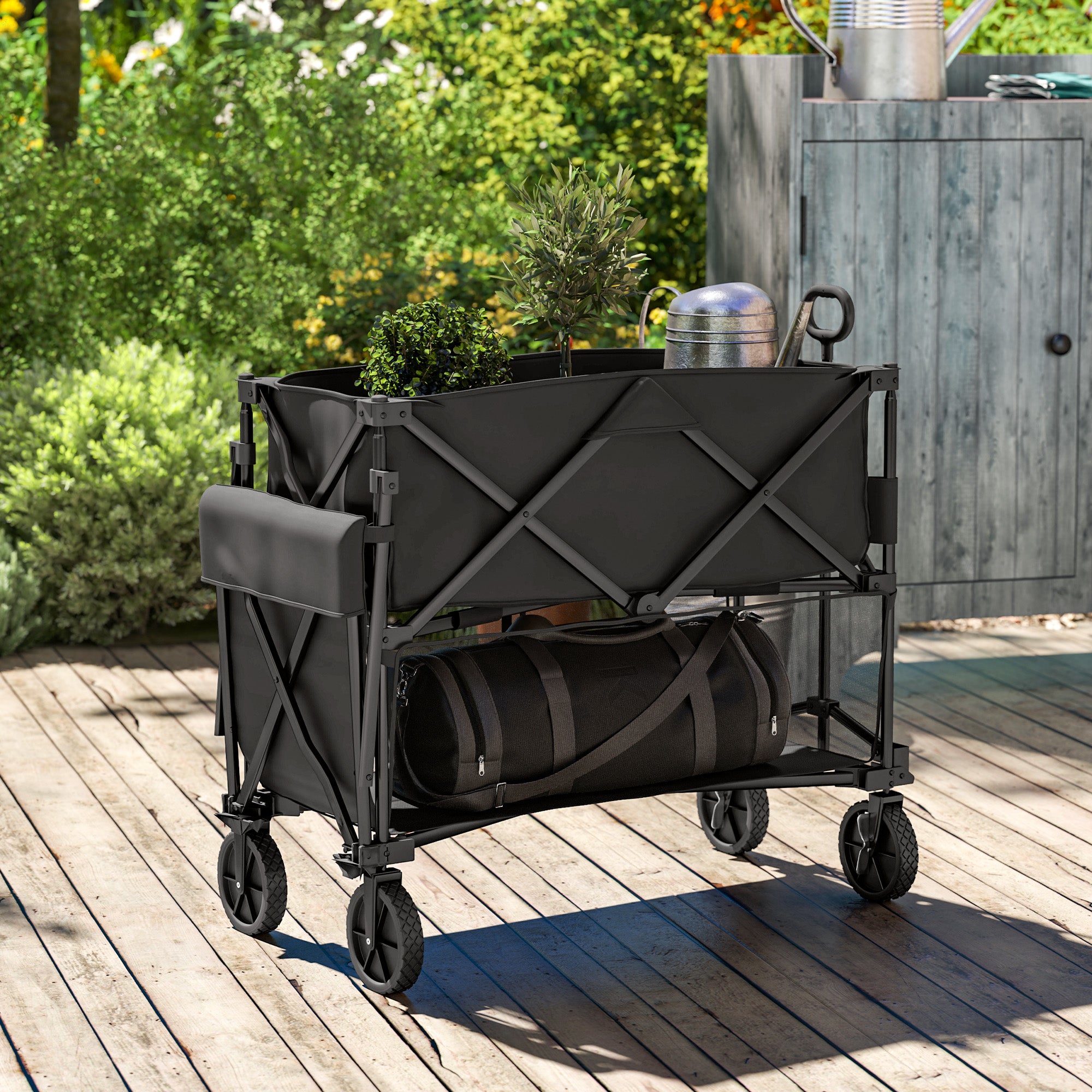 Outsunny Double Decker Folding Wagon Cart, 450LBS & 350L Capacity, Heavy Duty Collapsible Garden Cart with 52.8" Extender and All-Terrain Wheels for Camping Sports Shopping Beach