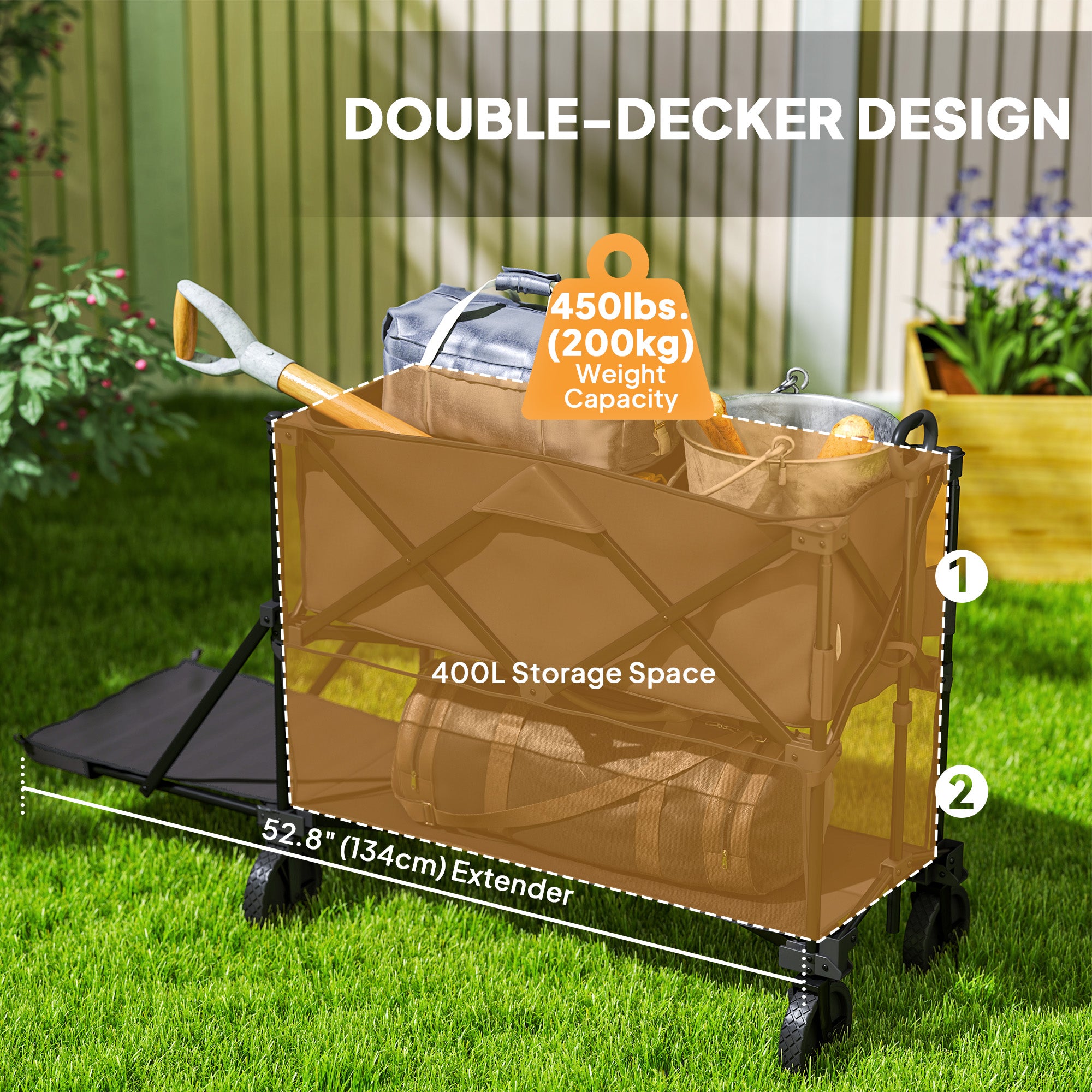 Outsunny Double Decker Folding Wagon Cart, 450LBS & 350L Capacity, Heavy Duty Collapsible Garden Cart with 52.8" Extender and All-Terrain Wheels for Camping Sports Shopping Beach