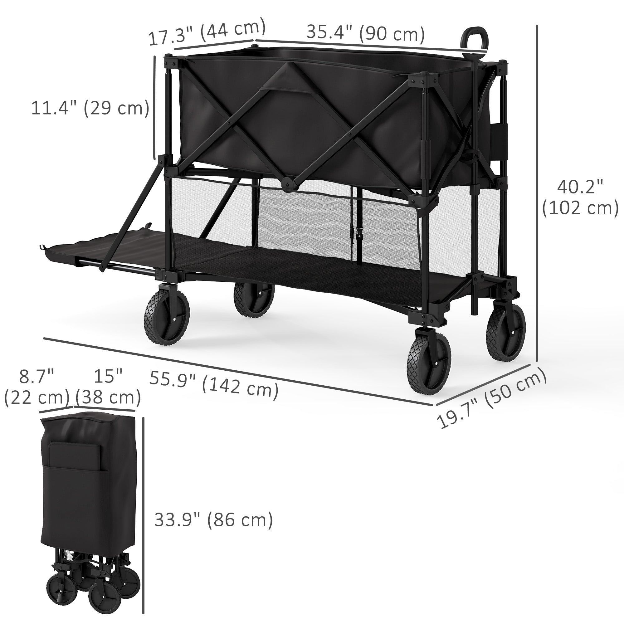 Outsunny Double Decker Folding Wagon Cart, 450LBS & 350L Capacity, Heavy Duty Collapsible Garden Cart with 52.8" Extender and All-Terrain Wheels for Camping Sports Shopping Beach