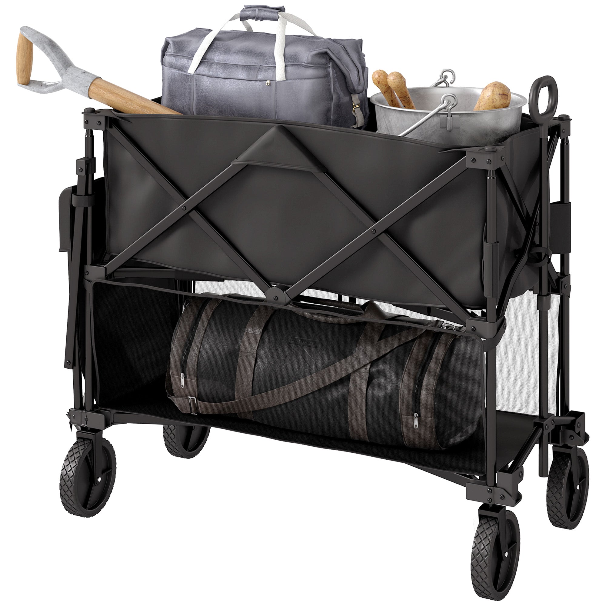 Outsunny Double Decker Folding Wagon Cart, 450LBS & 350L Capacity, Heavy Duty Collapsible Garden Cart with 52.8" Extender and All-Terrain Wheels for Camping Sports Shopping Beach