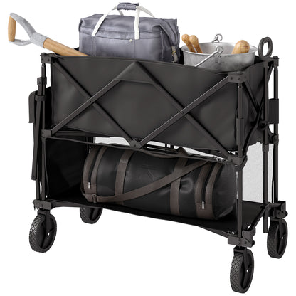 Outsunny Double Decker Folding Wagon Cart, 450LBS & 350L Capacity, Heavy Duty Collapsible Garden Cart with 52.8" Extender and All-Terrain Wheels for Camping Sports Shopping Beach