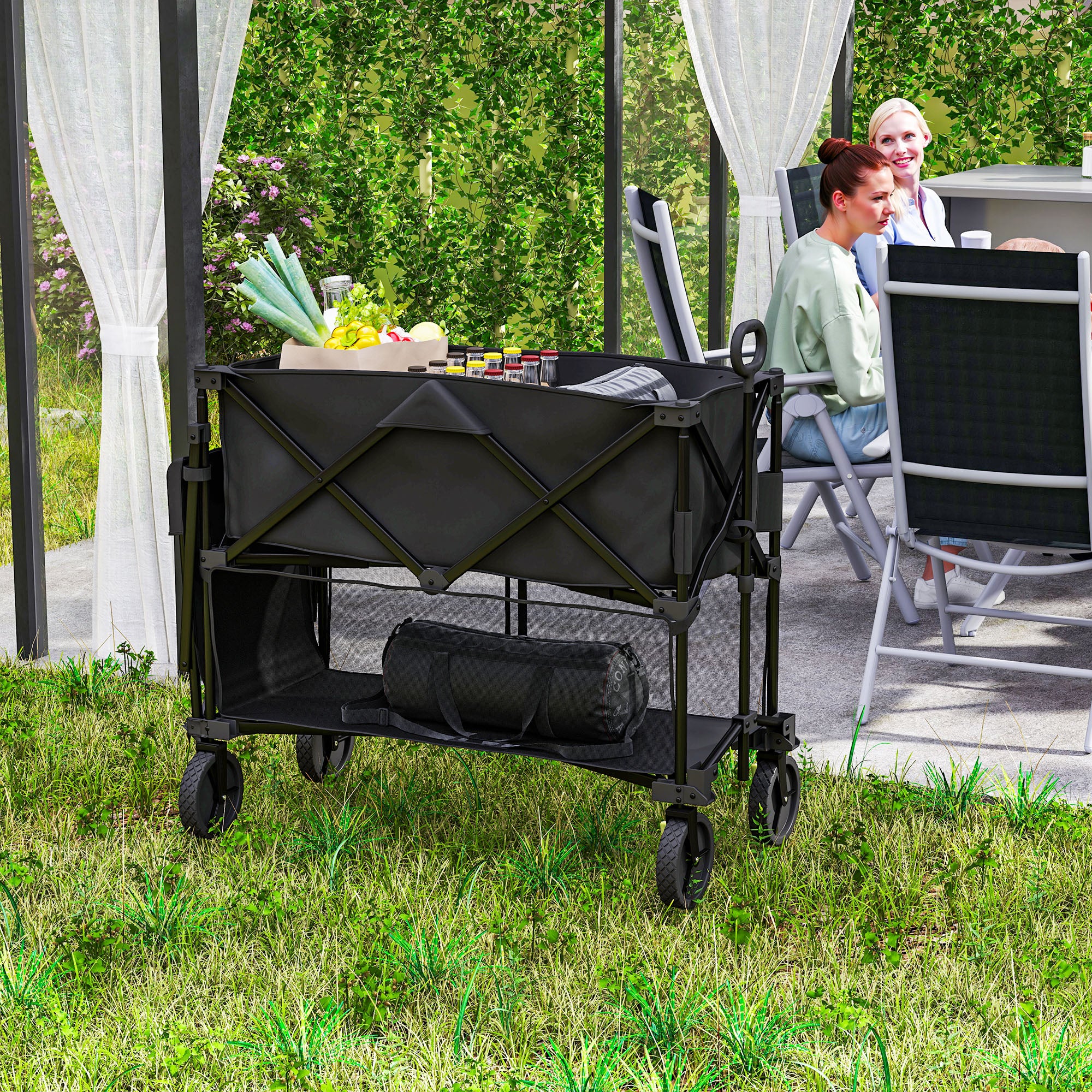 Outsunny Double Decker Folding Wagon Cart, 450LBS & 350L Capacity, Heavy Duty Collapsible Garden Cart with 52.8" Extender and All-Terrain Wheels for Camping Sports Shopping Beach