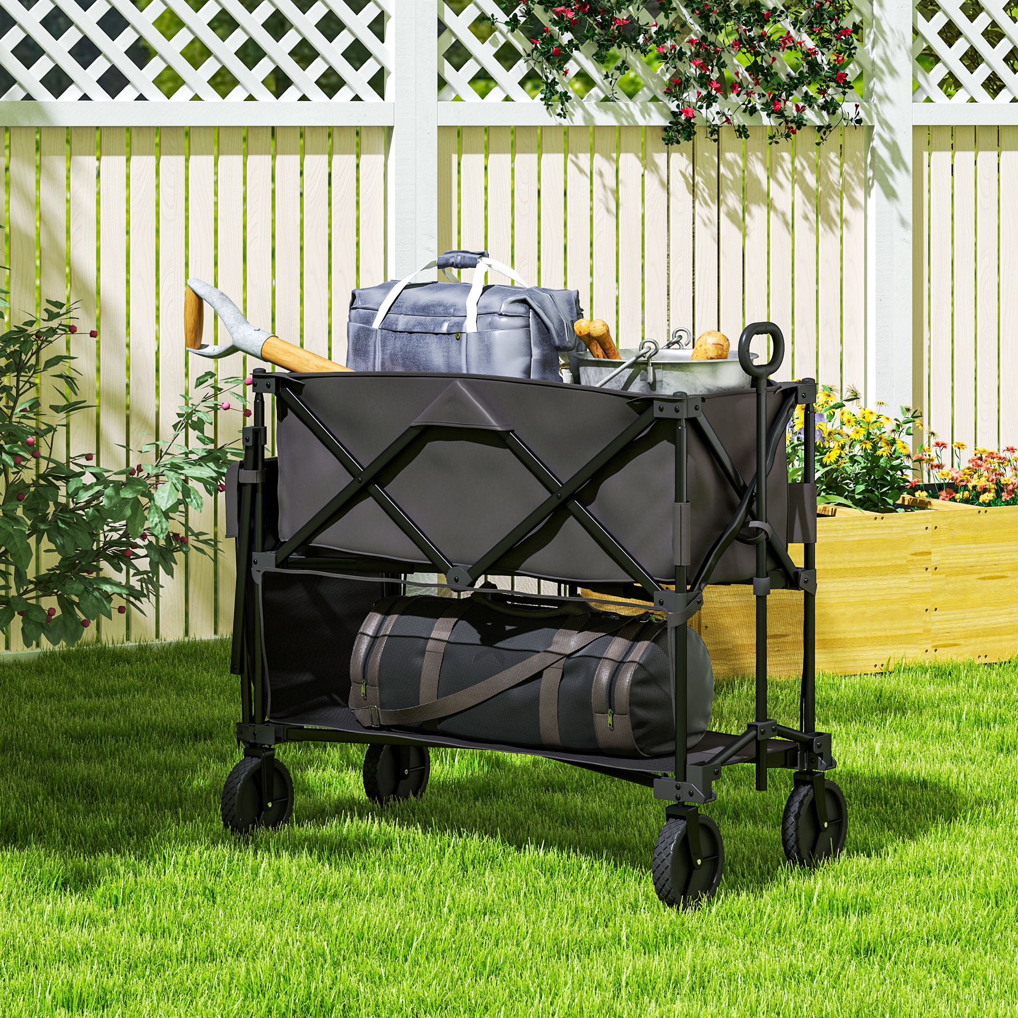 Outsunny Double Decker Folding Wagon Cart, 450LBS & 350L Capacity, Heavy Duty Collapsible Garden Cart with 52.8" Extender and All-Terrain Wheels for Camping Sports Shopping Beach