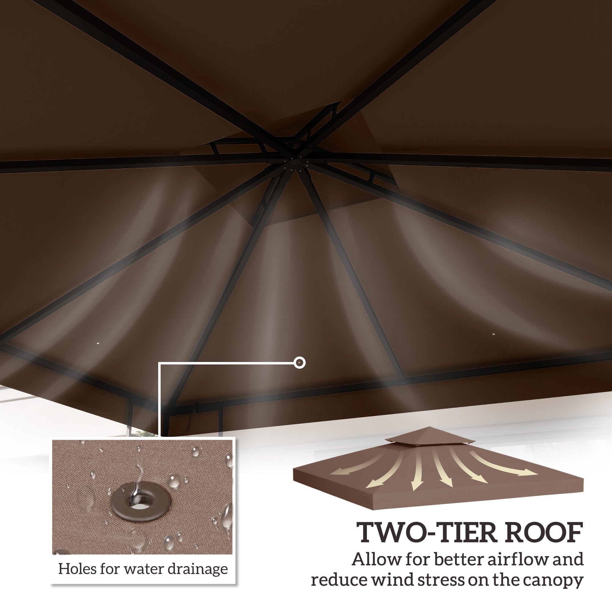 Outsunny 9.8' x 9.8' Square 2-Tier Gazebo Canopy Replacement Top Cover Outdoor Garden Sun Shade, Coffee