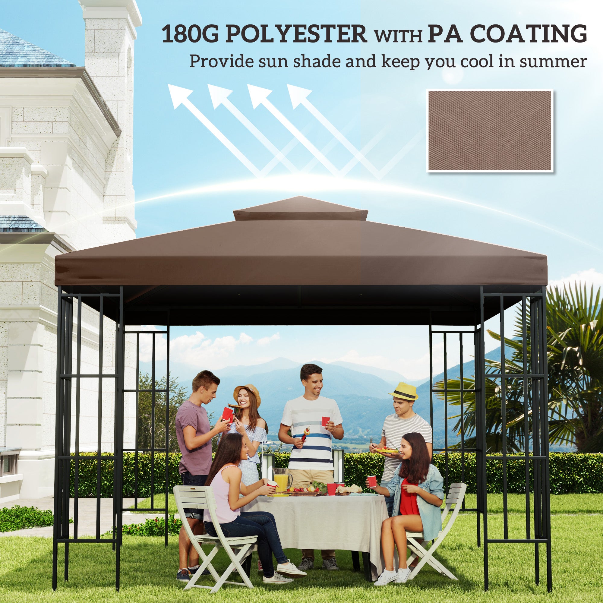 Outsunny 9.8' x 9.8' Square 2-Tier Gazebo Canopy Replacement Top Cover Outdoor Garden Sun Shade, Coffee