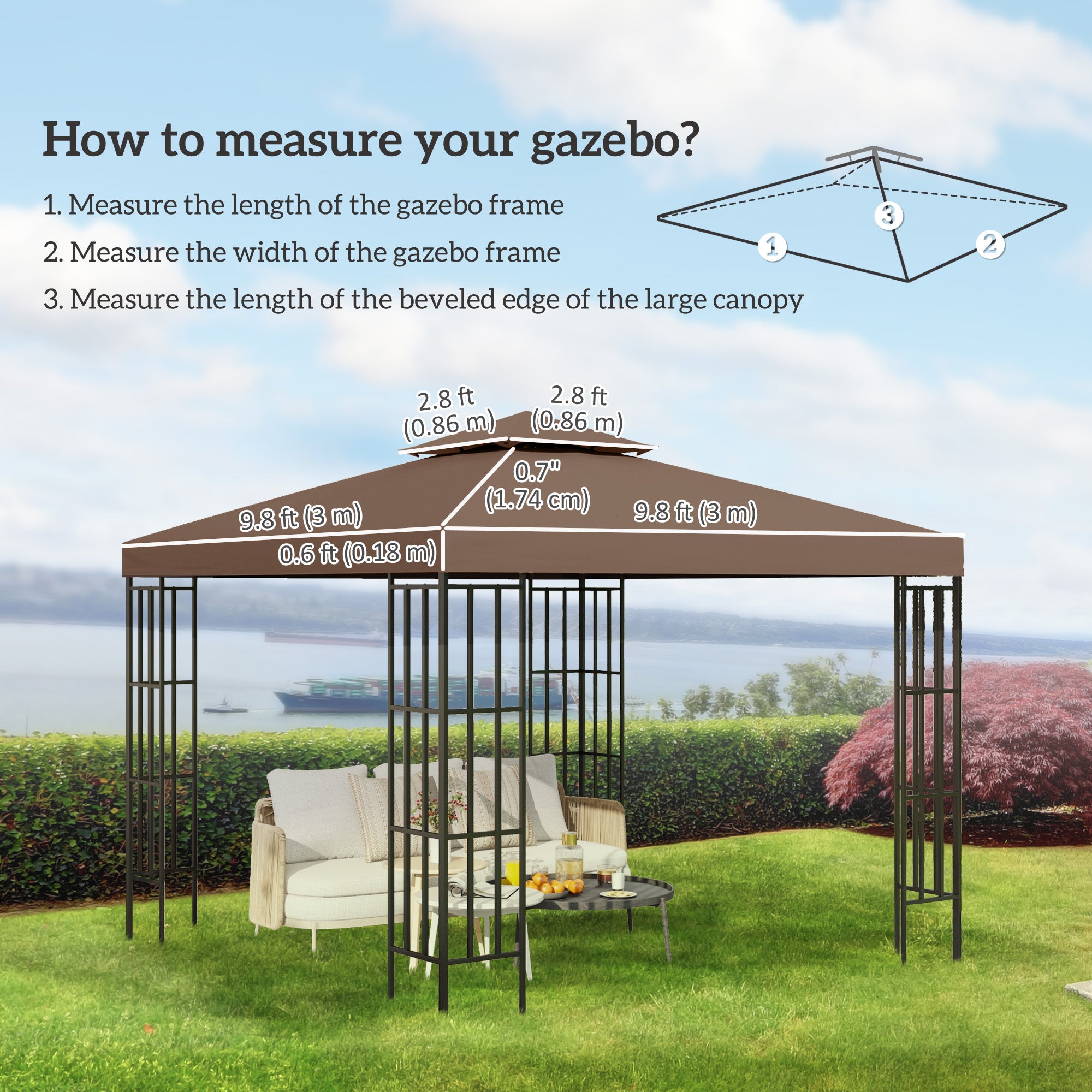 Outsunny 9.8' x 9.8' Square 2-Tier Gazebo Canopy Replacement Top Cover Outdoor Garden Sun Shade, Coffee