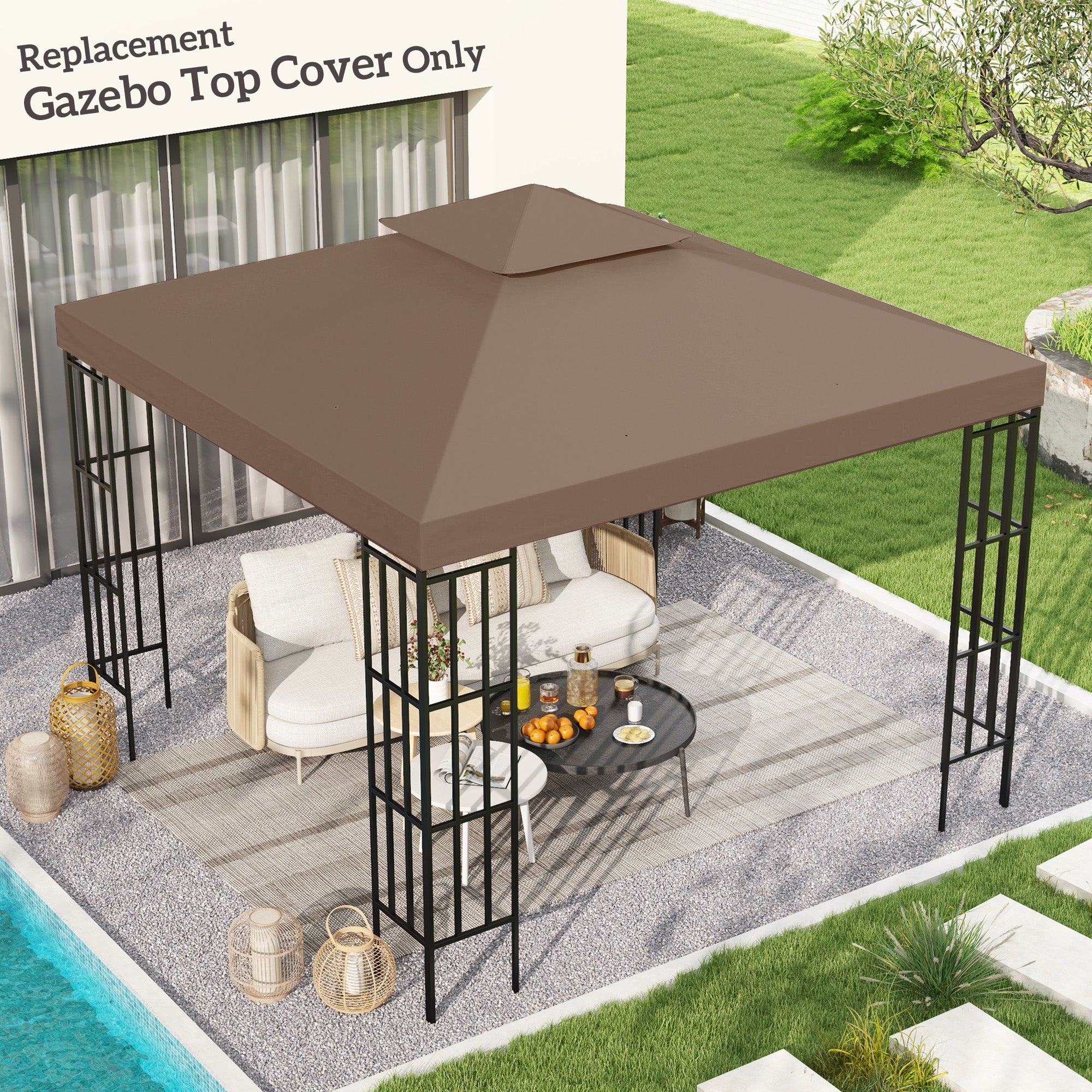 Outsunny 9.8' x 9.8' Square 2-Tier Gazebo Canopy Replacement Top Cover Outdoor Garden Sun Shade, Coffee