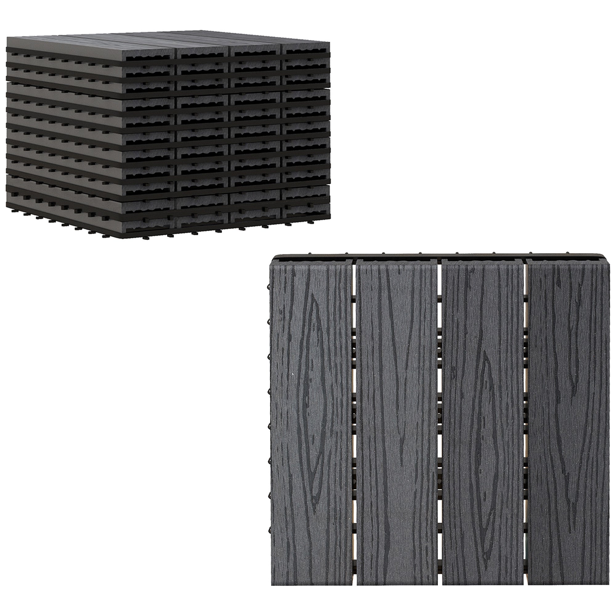 Outsunny WPC Interlocking Deck Tiles, 11 Pack 12" x 12" Outdoor Tiles, Tools Free Assembly, Waterproof and Non-slip Patio Flooring, Grey