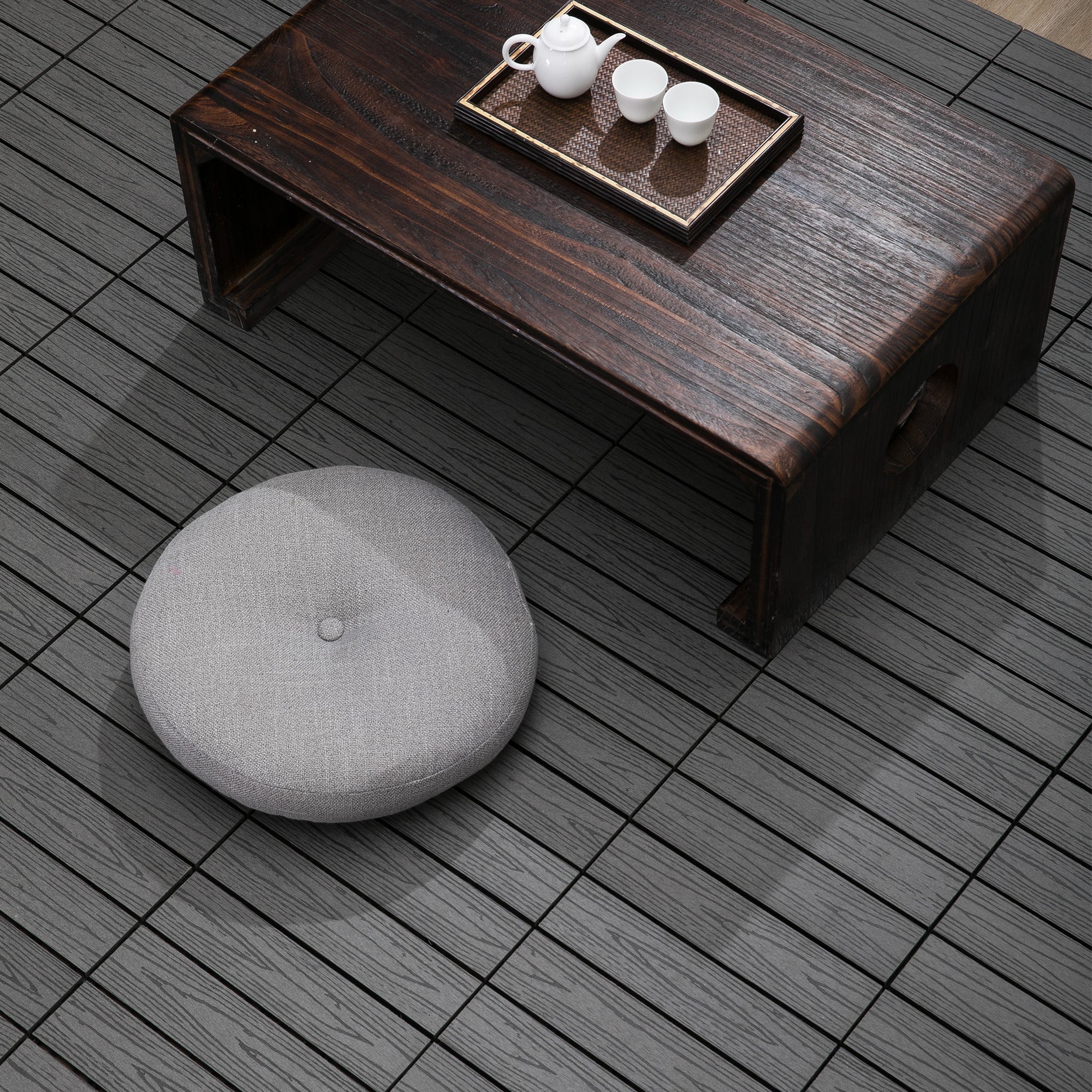 Outsunny WPC Interlocking Deck Tiles, 11 Pack 12" x 12" Outdoor Tiles, Tools Free Assembly, Waterproof and Non-slip Patio Flooring, Grey