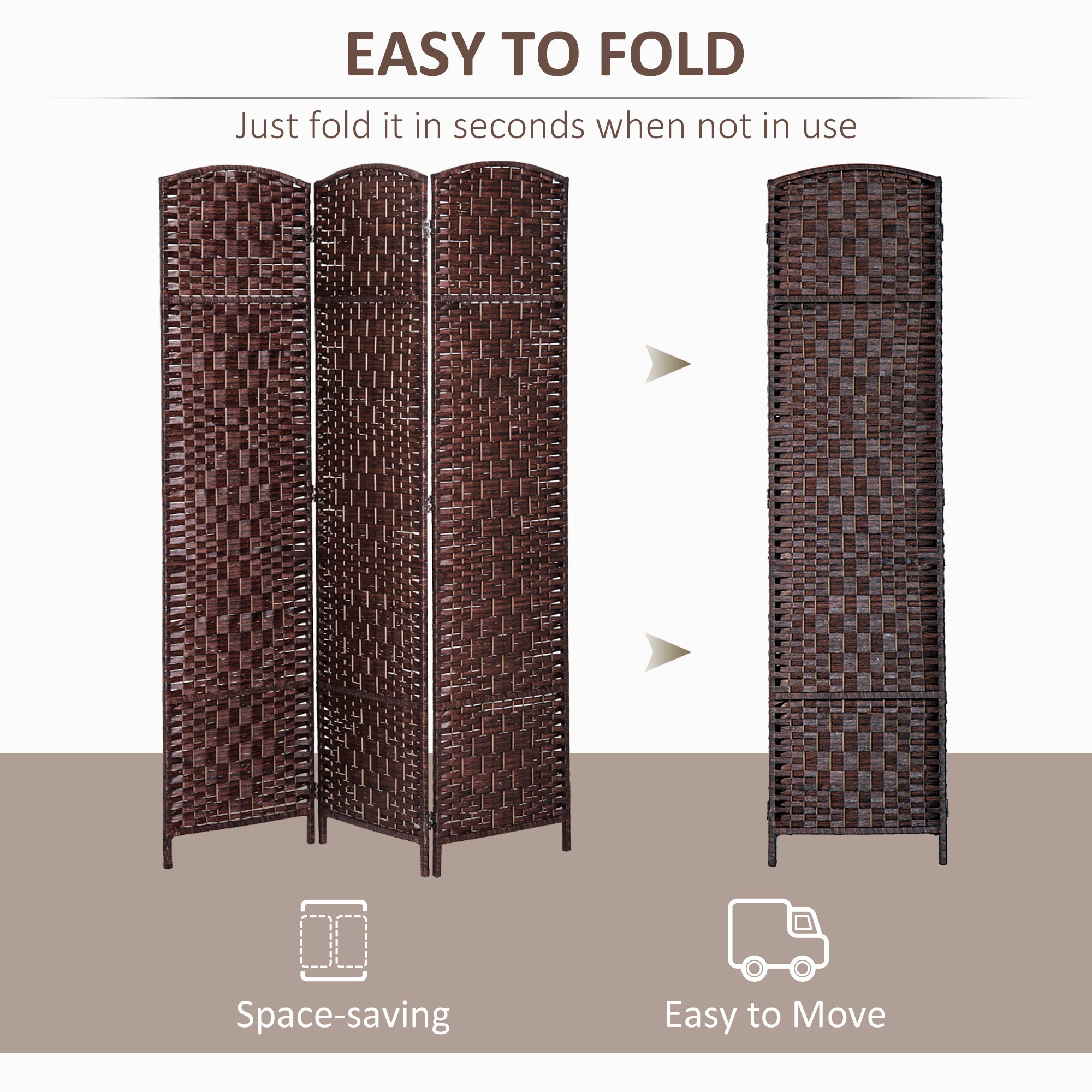 HOMCOM 3 Panels Room Divider, 6 Ft Tall Indoor Portable Folding Privacy Screens, Hand-Woven Double Hinged Freestanding Partition Wall Divider for Home Office, Brown