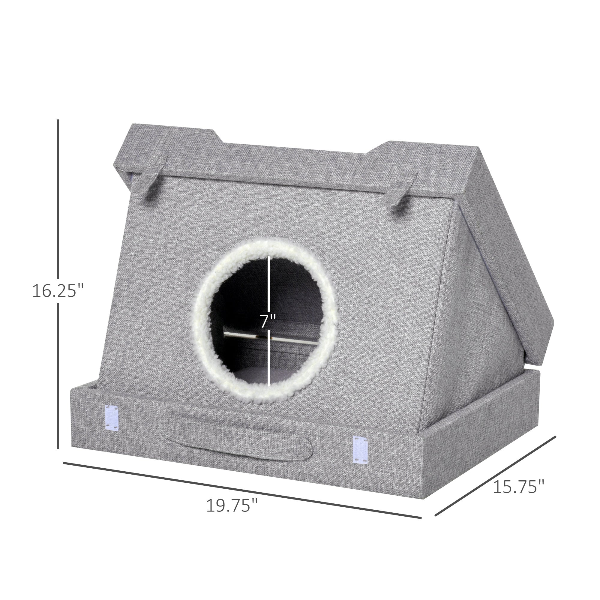 PawHut Cat House Foldable Kitten Cave 2 In 1 Design Condo Pet Bed with Soft Removable Washable Cushions Scratching Pad Suitcase Style Easy to Carry Grey
