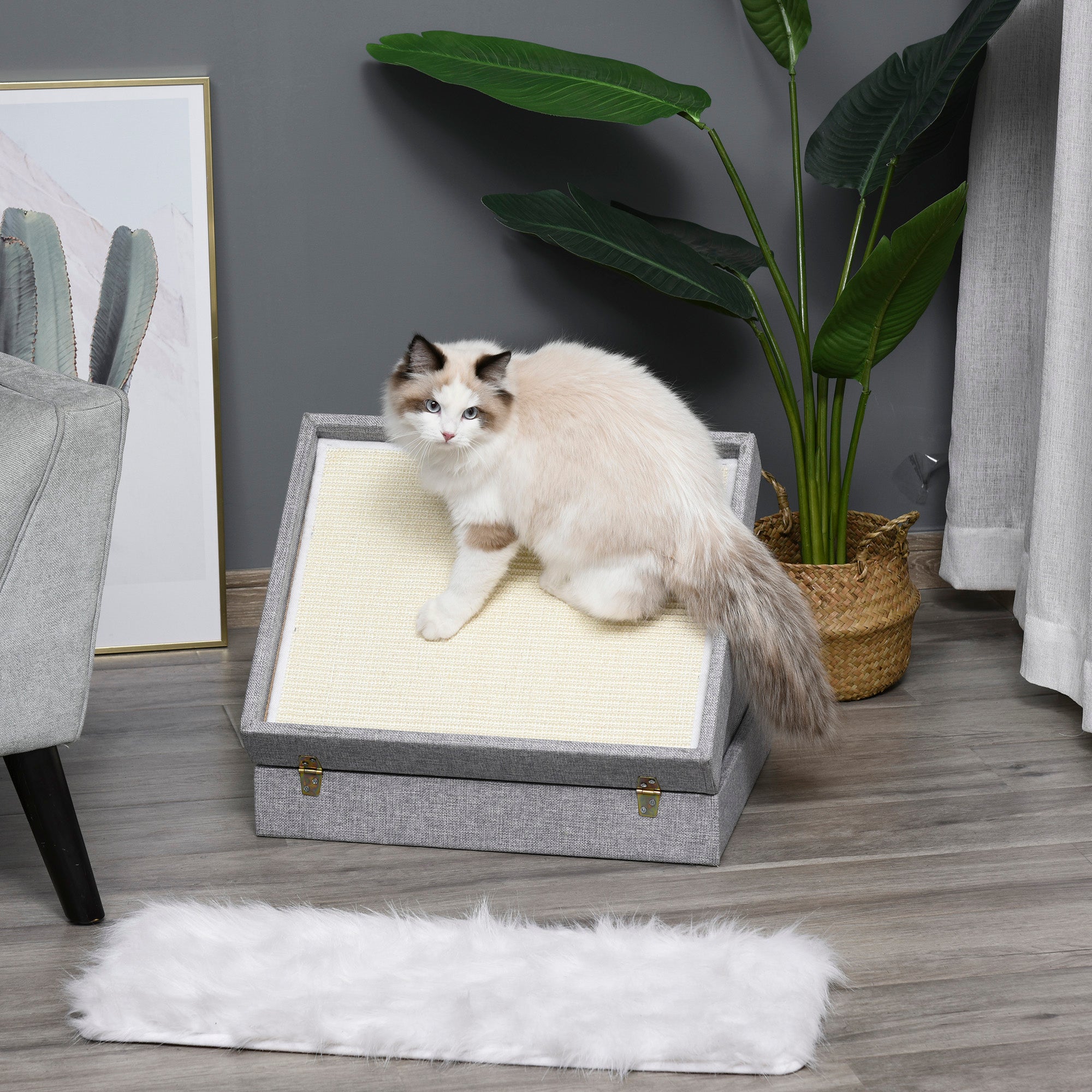 PawHut Cat House Foldable Kitten Cave 2 In 1 Design Condo Pet Bed with Soft Removable Washable Cushions Scratching Pad Suitcase Style Easy to Carry Grey