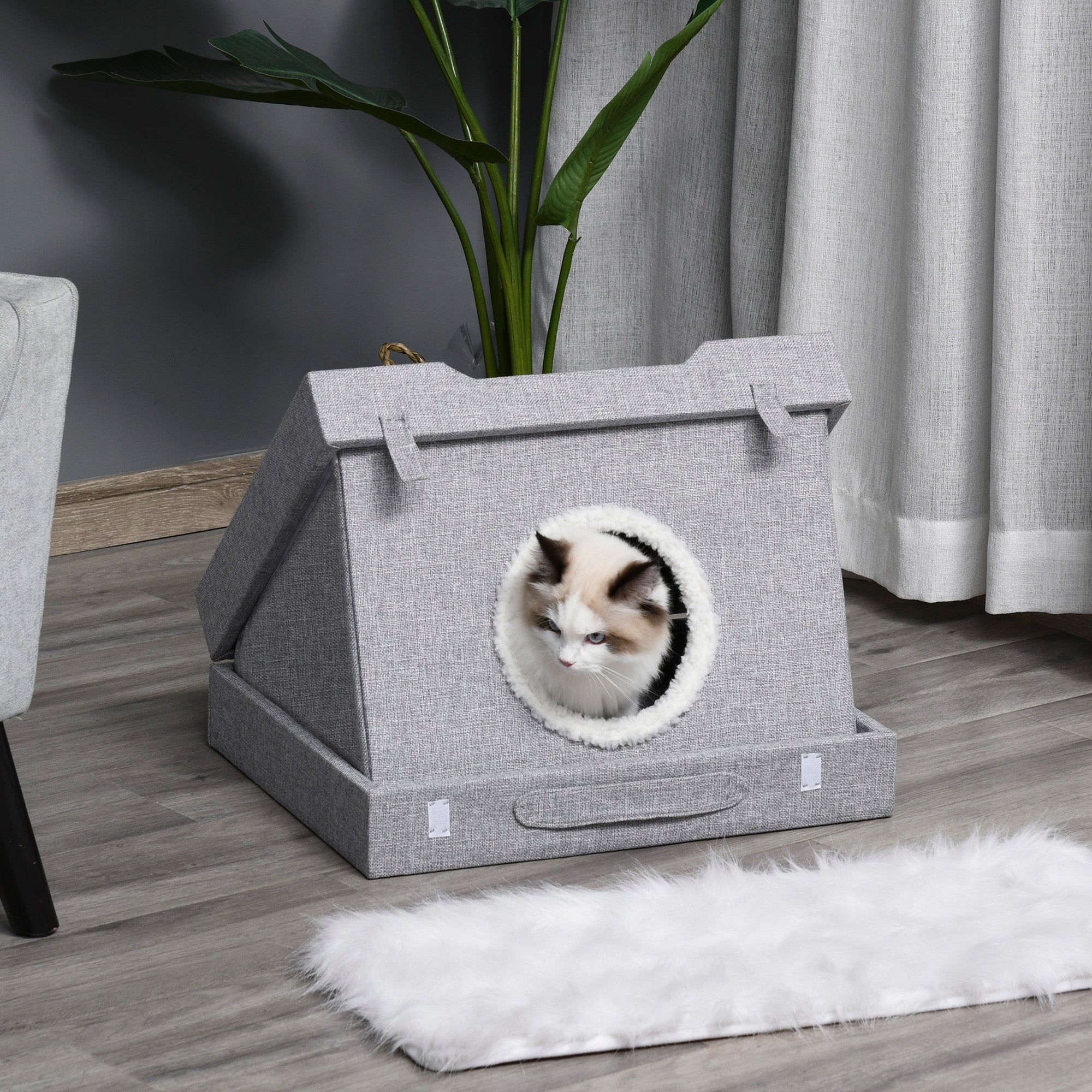 PawHut Cat House Foldable Kitten Cave 2 In 1 Design Condo Pet Bed with Soft Removable Washable Cushions Scratching Pad Suitcase Style Easy to Carry Grey