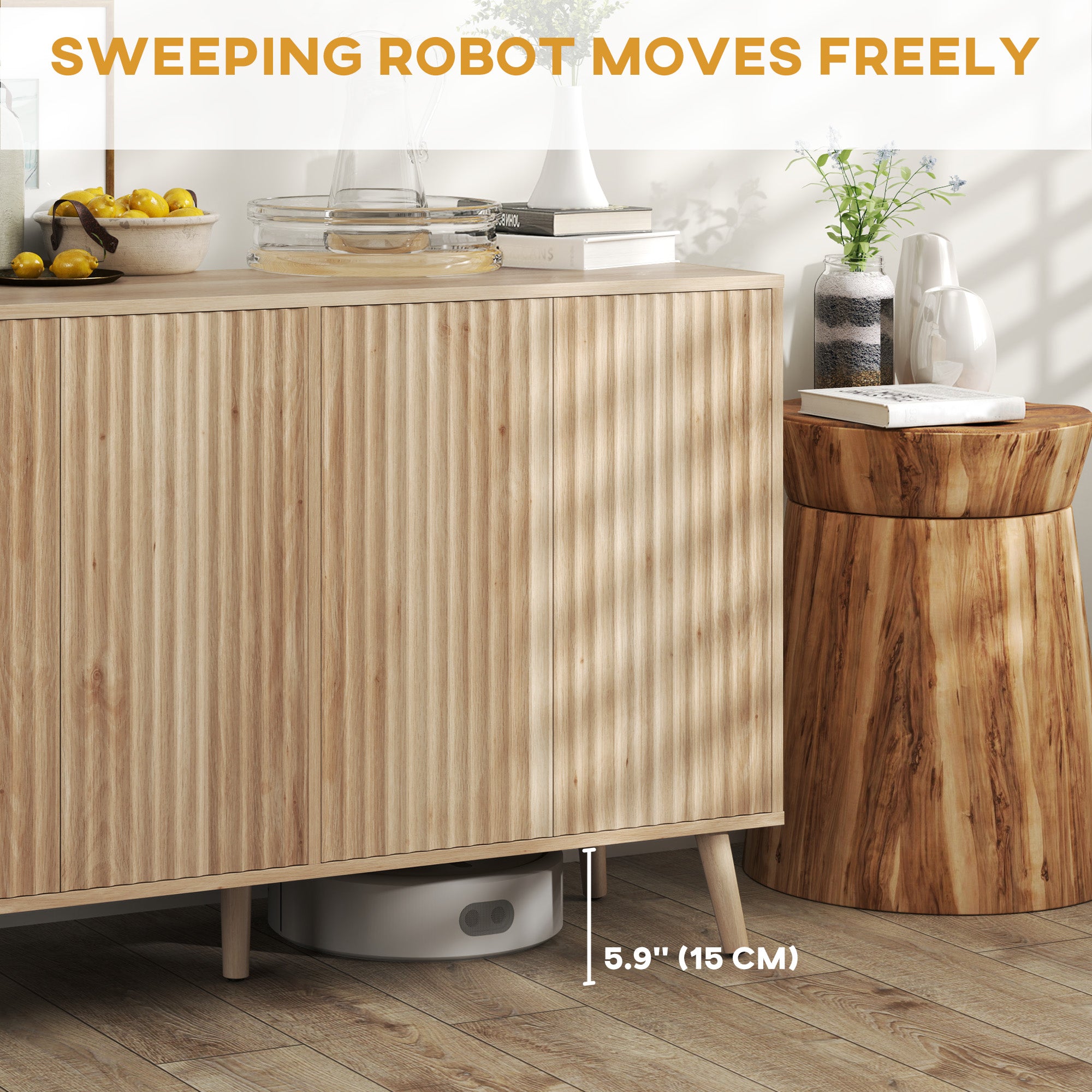 HOMCOM 47" Sideboard Buffet Cabinet with Storage, Modern Fluted Coffee Bar Cabinet with Adjustable Shelves and Wood Legs, Kitchen Storage Cabinet, Oak