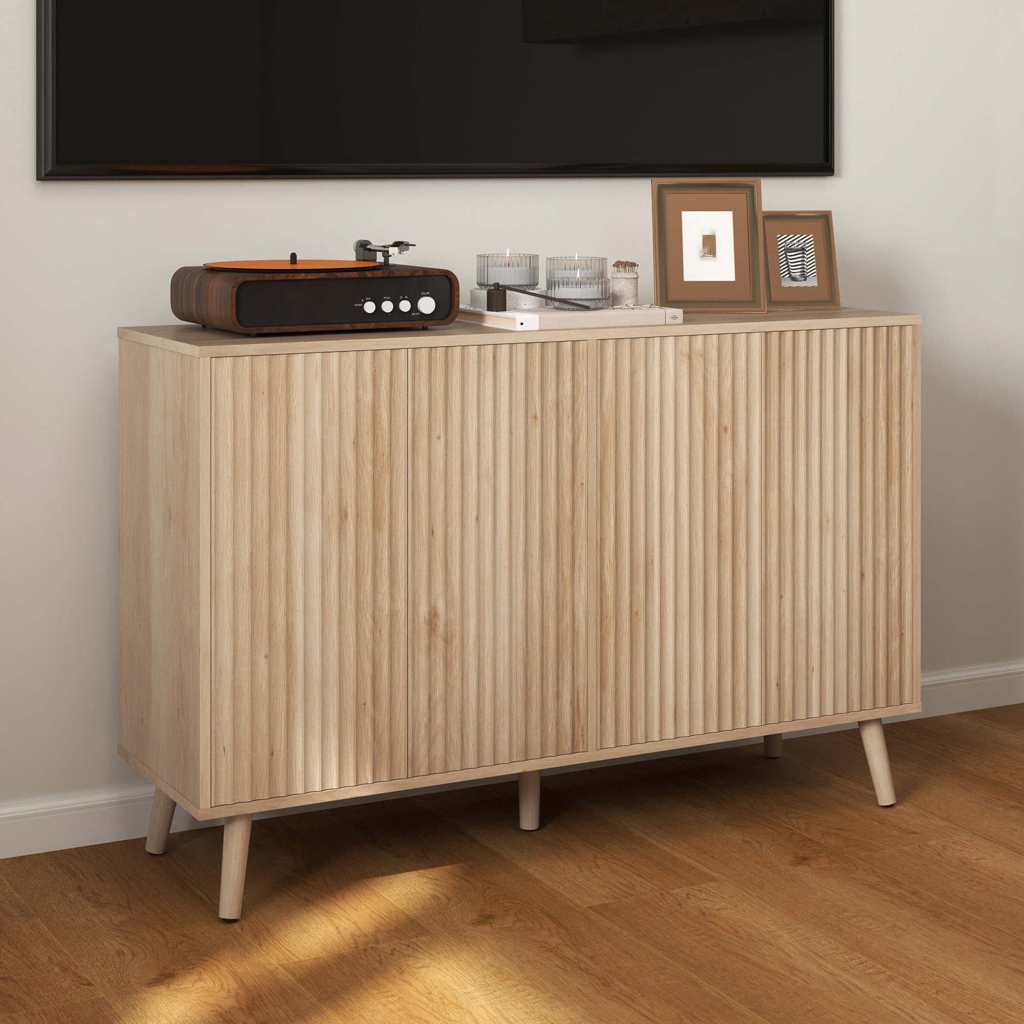 HOMCOM 47" Sideboard Buffet Cabinet with Storage, Modern Fluted Coffee Bar Cabinet with Adjustable Shelves and Wood Legs, Kitchen Storage Cabinet, Oak