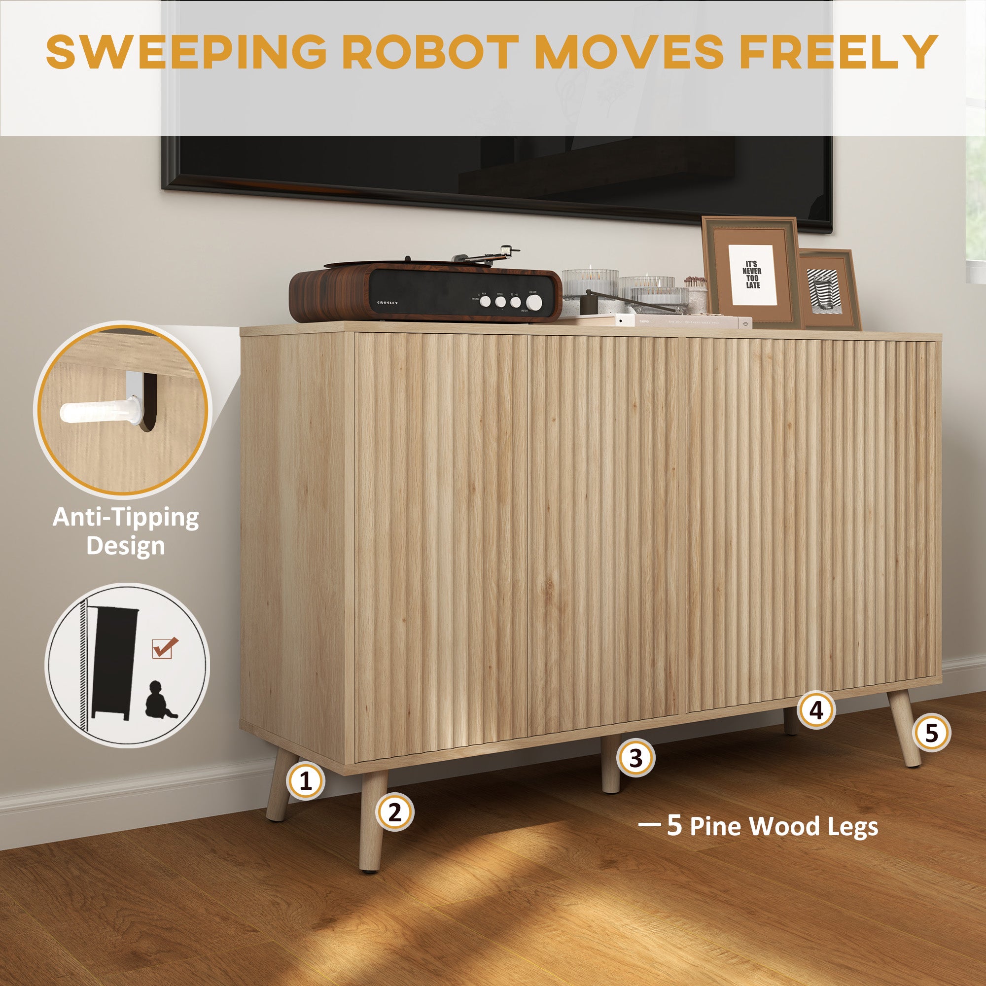 HOMCOM 47" Sideboard Buffet Cabinet with Storage, Modern Fluted Coffee Bar Cabinet with Adjustable Shelves and Wood Legs, Kitchen Storage Cabinet, Oak