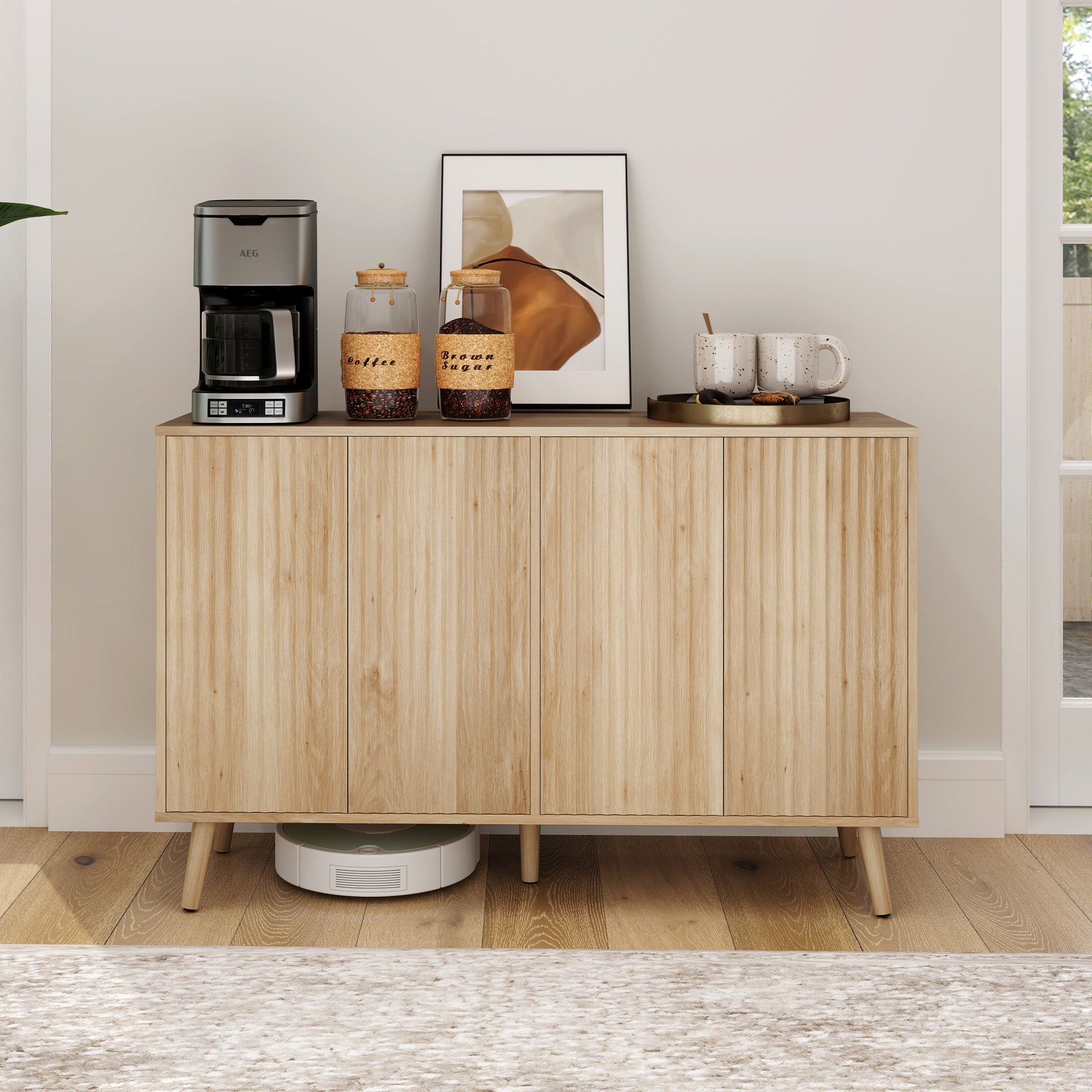 HOMCOM 47" Sideboard Buffet Cabinet with Storage, Modern Fluted Coffee Bar Cabinet with Adjustable Shelves and Wood Legs, Kitchen Storage Cabinet, Oak