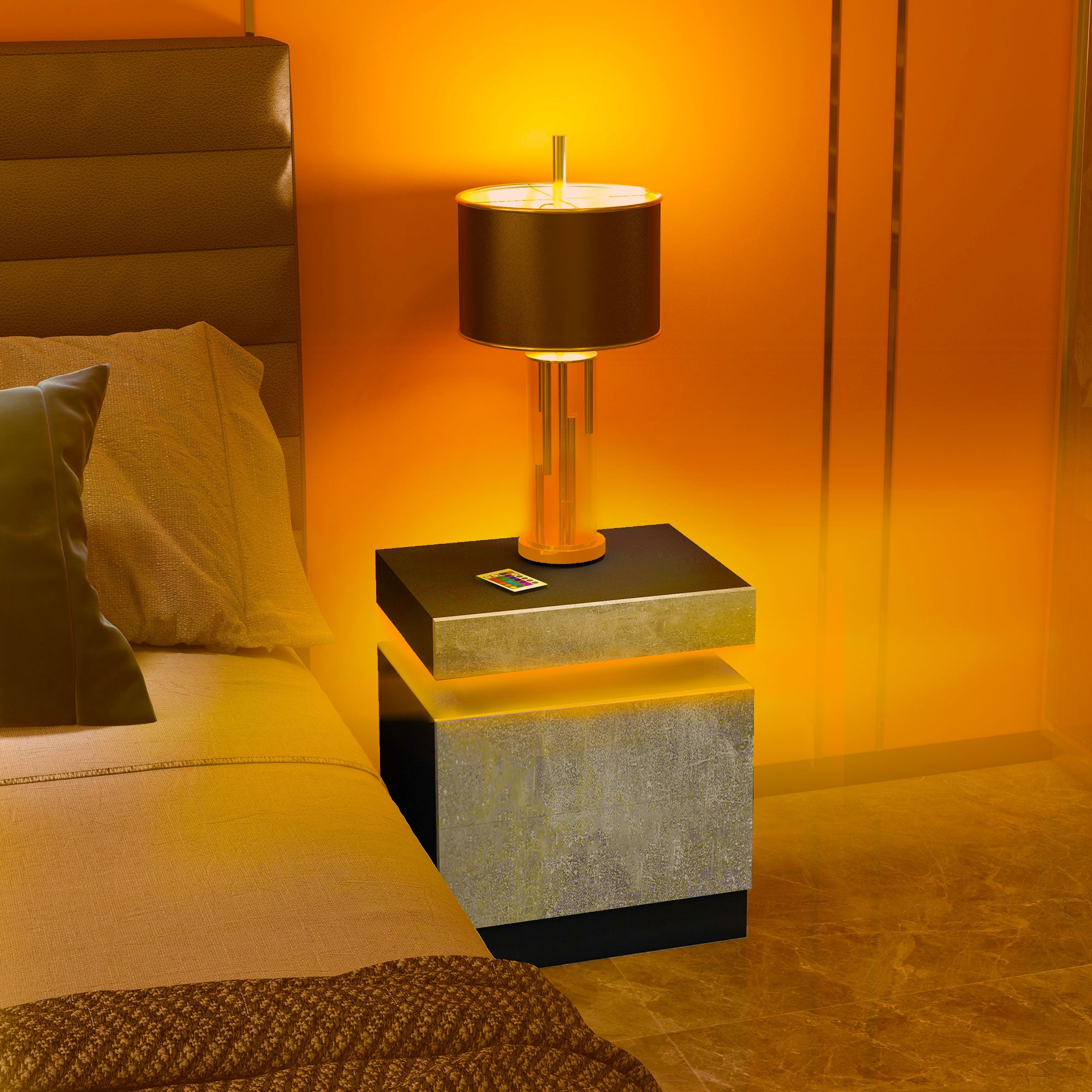 HOMCOM Nightstand, End Side Table with LED Lights, Bedside Table with 2 Drawers, for Bedroom, Cement Grey