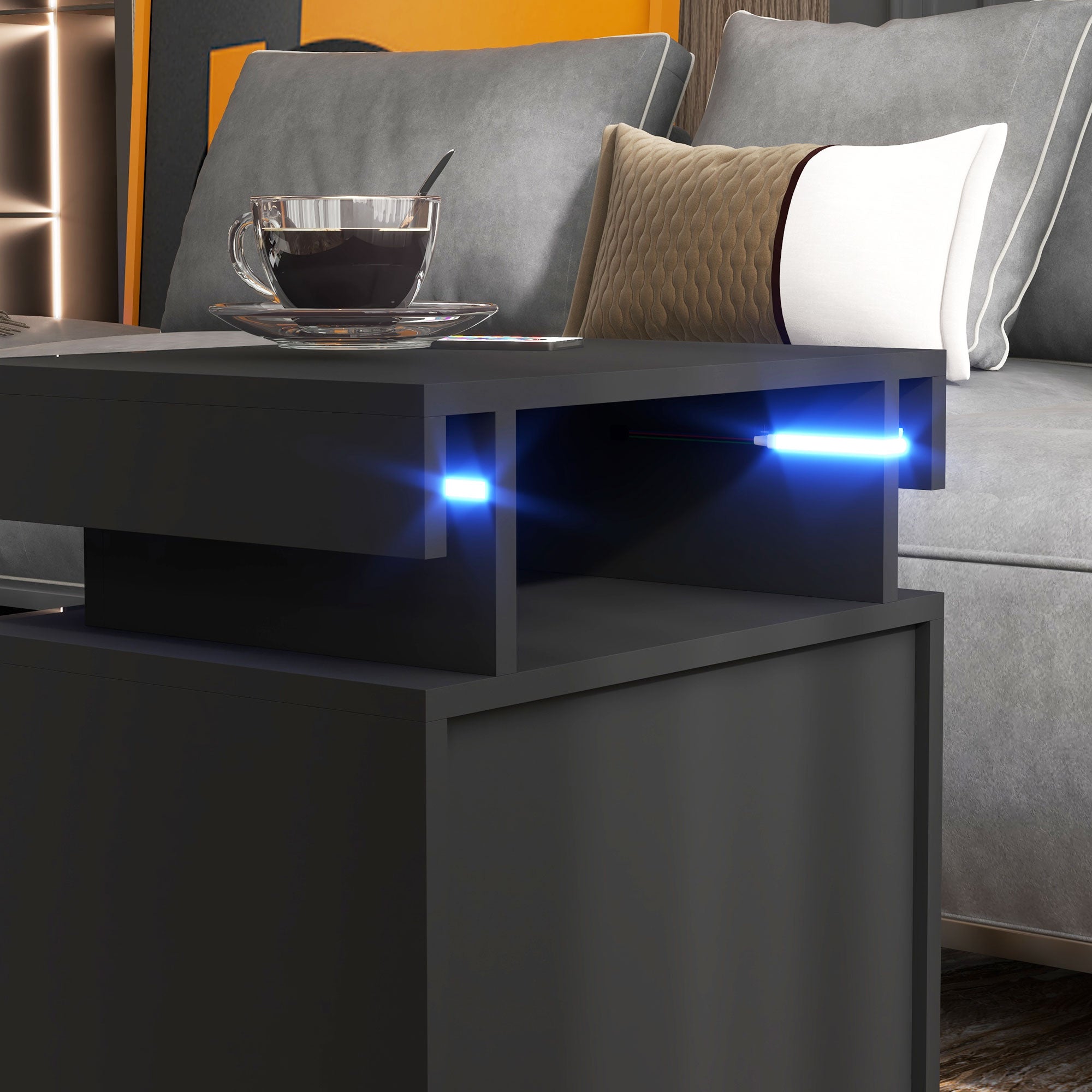 HOMCOM Nightstand, End Side Table with LED Lights, Bedside Table with 2 Drawers, for Bedroom, Cement Grey