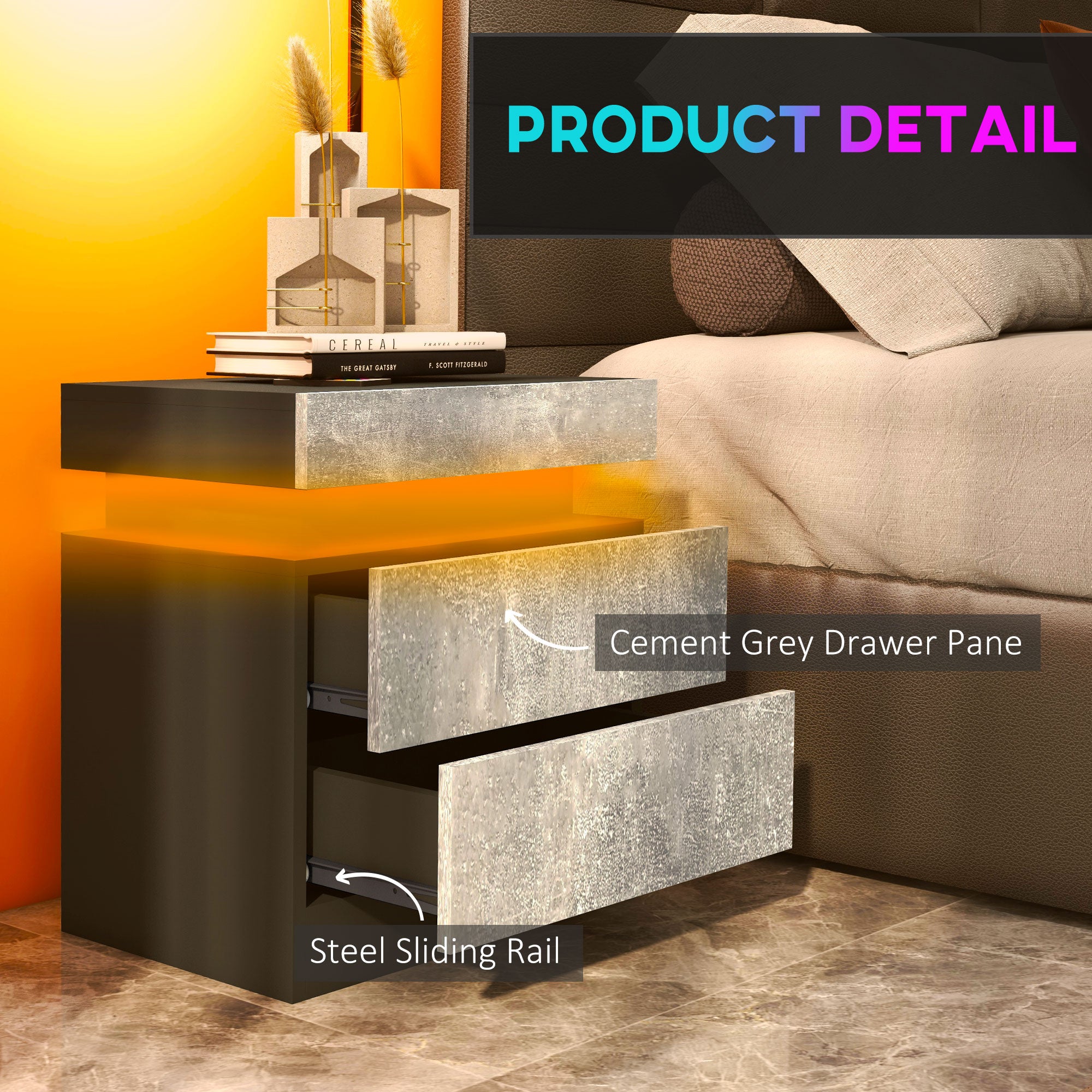 HOMCOM Nightstand, End Side Table with LED Lights, Bedside Table with 2 Drawers, for Bedroom, Cement Grey