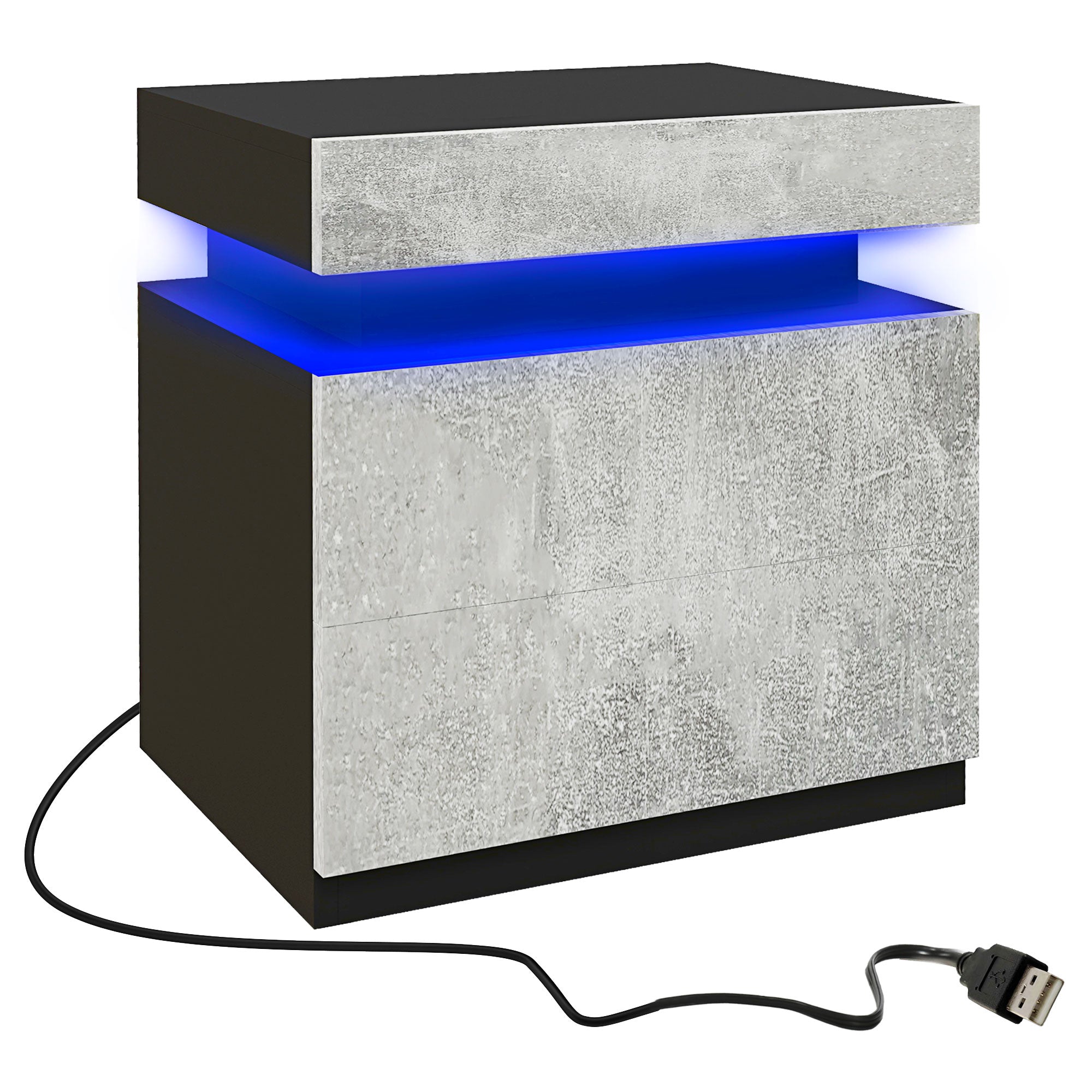 HOMCOM Nightstand, End Side Table with LED Lights, Bedside Table with 2 Drawers, for Bedroom, Cement Grey