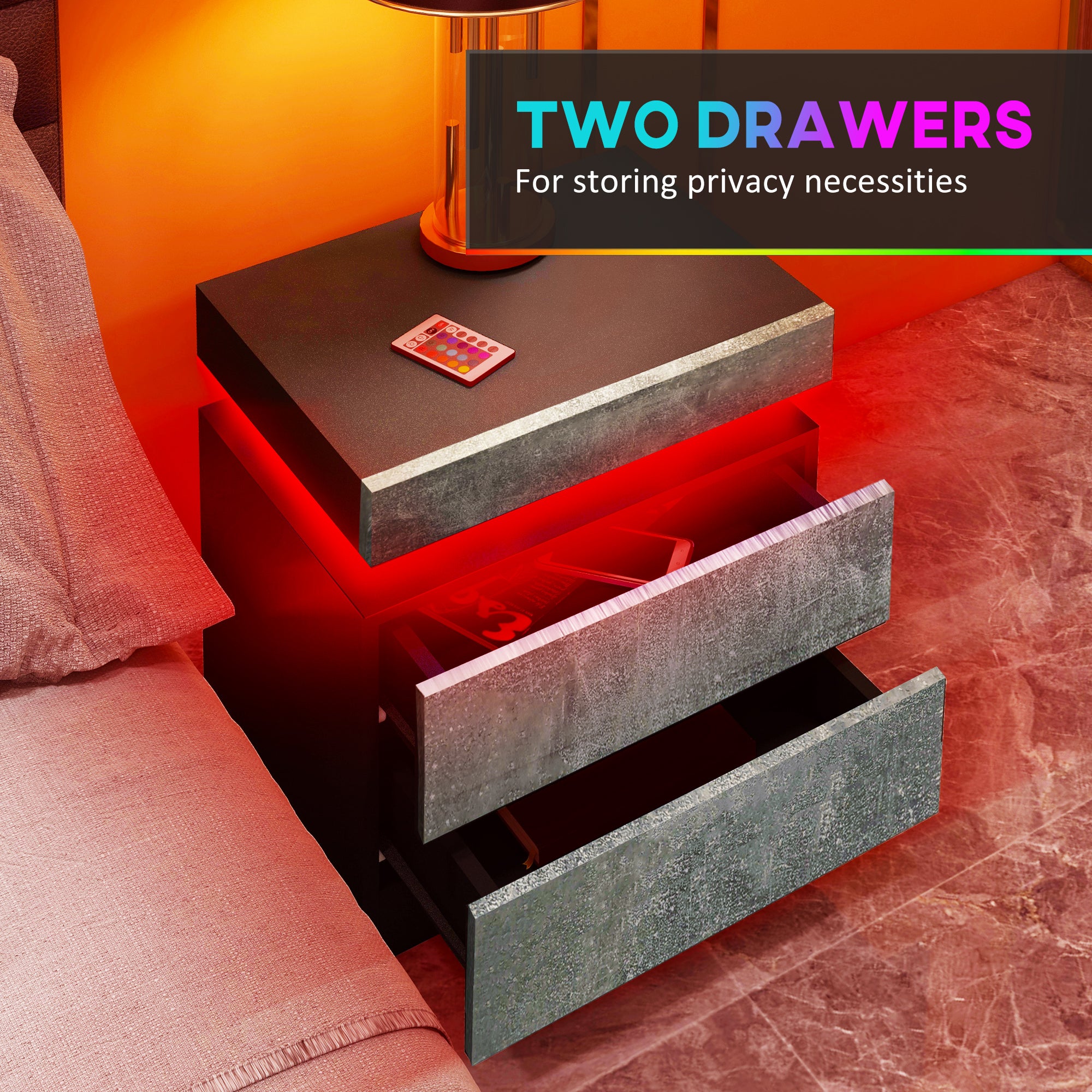 HOMCOM Nightstand, End Side Table with LED Lights, Bedside Table with 2 Drawers, for Bedroom, Cement Grey