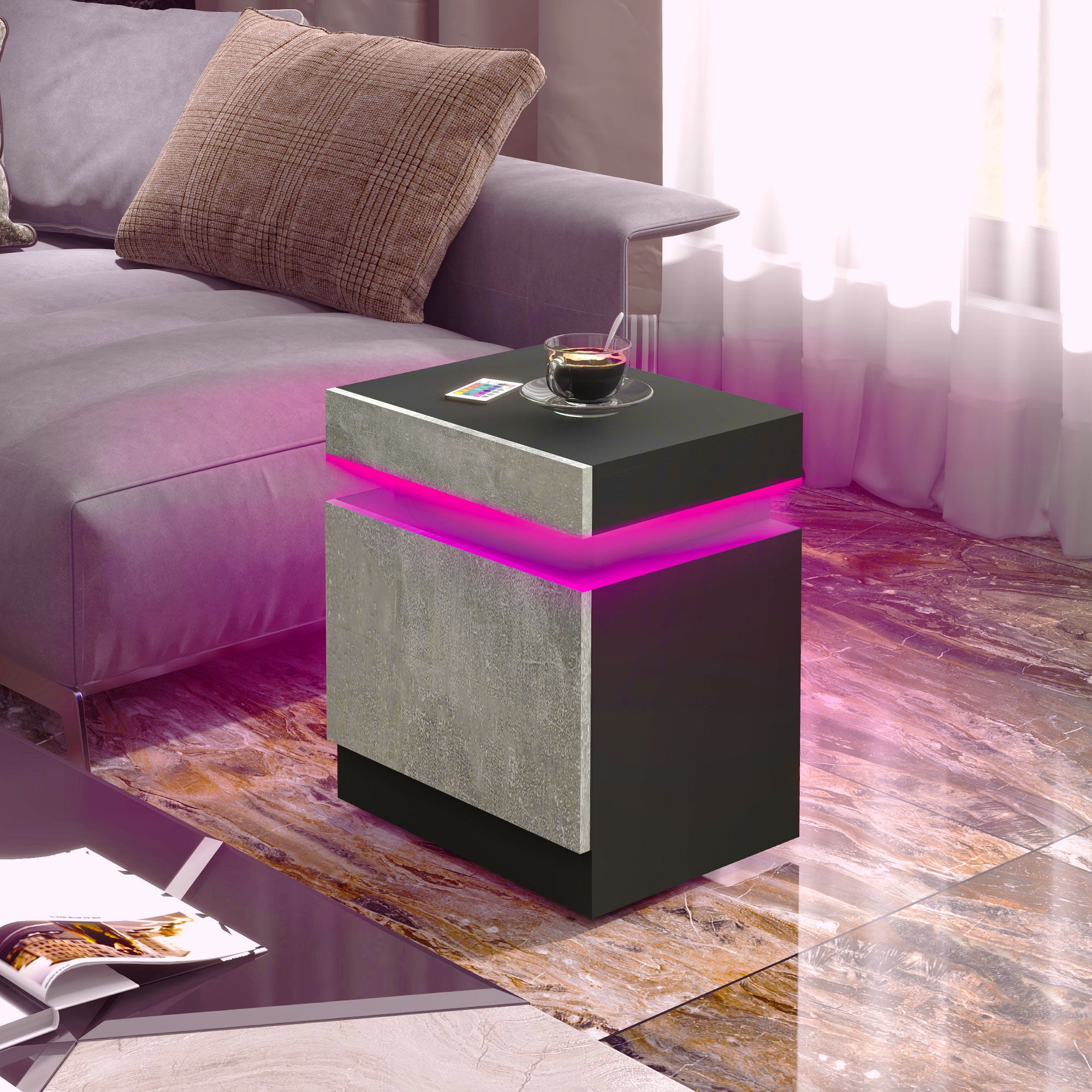 HOMCOM Nightstand, End Side Table with LED Lights, Bedside Table with 2 Drawers, for Bedroom, Cement Grey