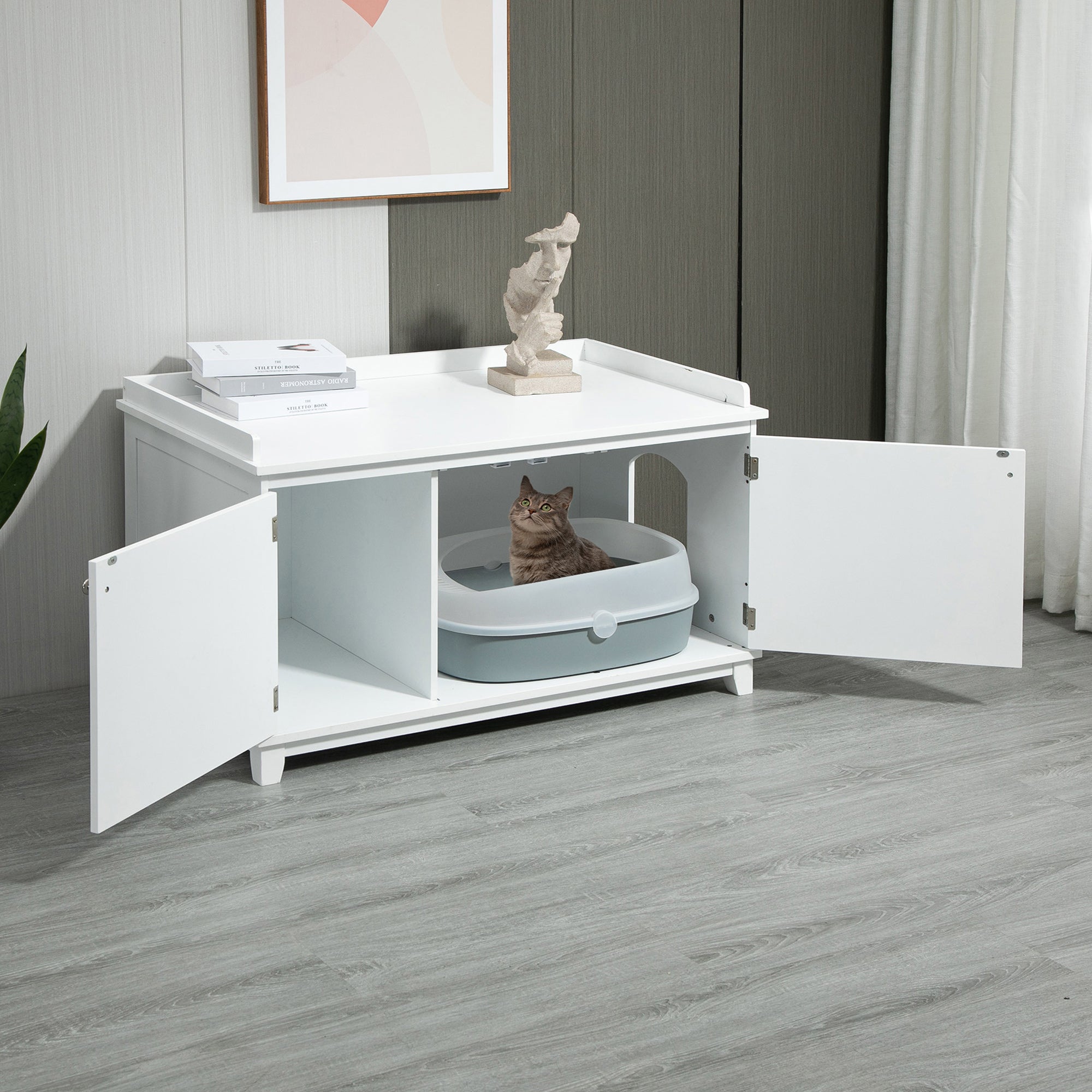 PawHut Cat Litter Box Enclosure with Spacious Top and Interior, Large Cat Litter House End Table for Indoor Cats with Hidden Storage Cabinet Space