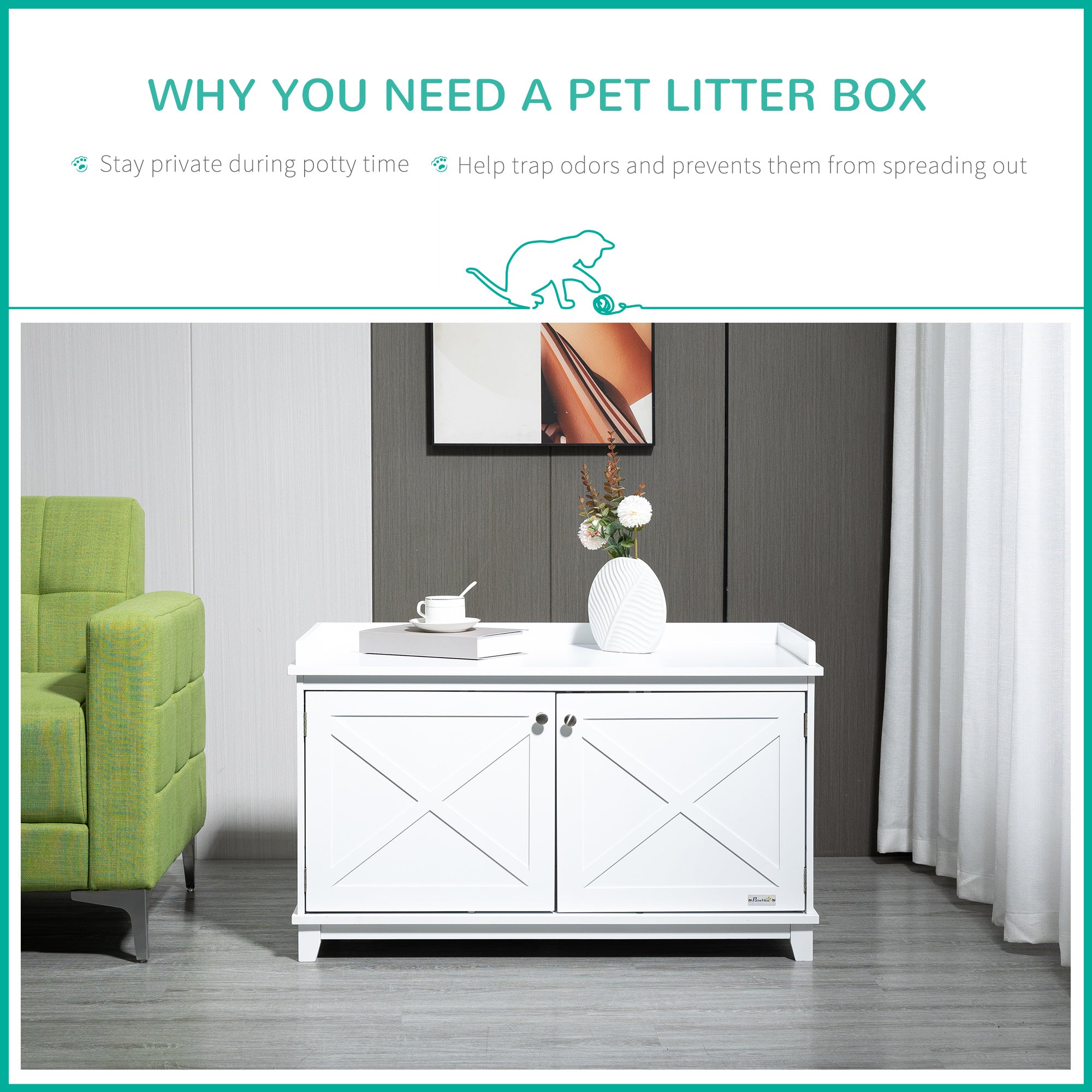 PawHut Cat Litter Box Enclosure with Spacious Top and Interior, Large Cat Litter House End Table for Indoor Cats with Hidden Storage Cabinet Space