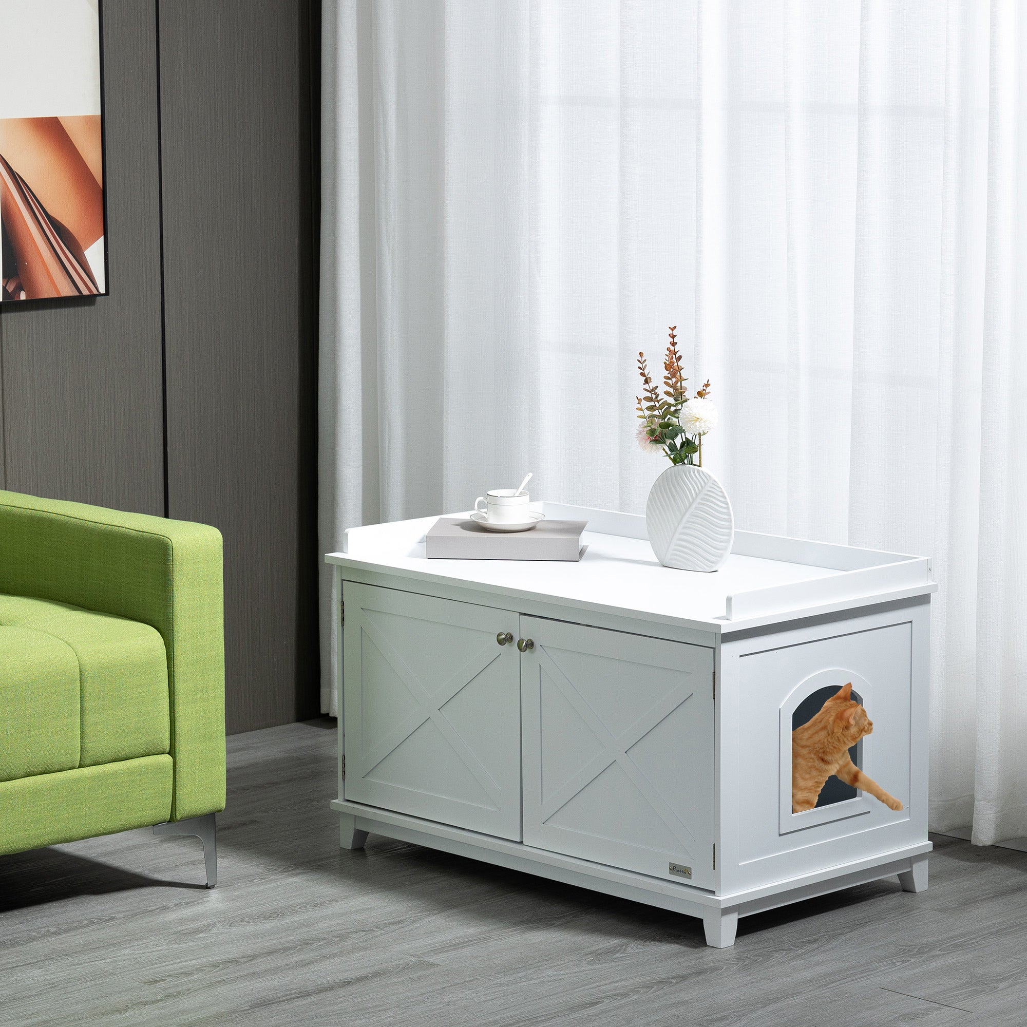 PawHut Cat Litter Box Enclosure with Spacious Top and Interior, Large Cat Litter House End Table for Indoor Cats with Hidden Storage Cabinet Space