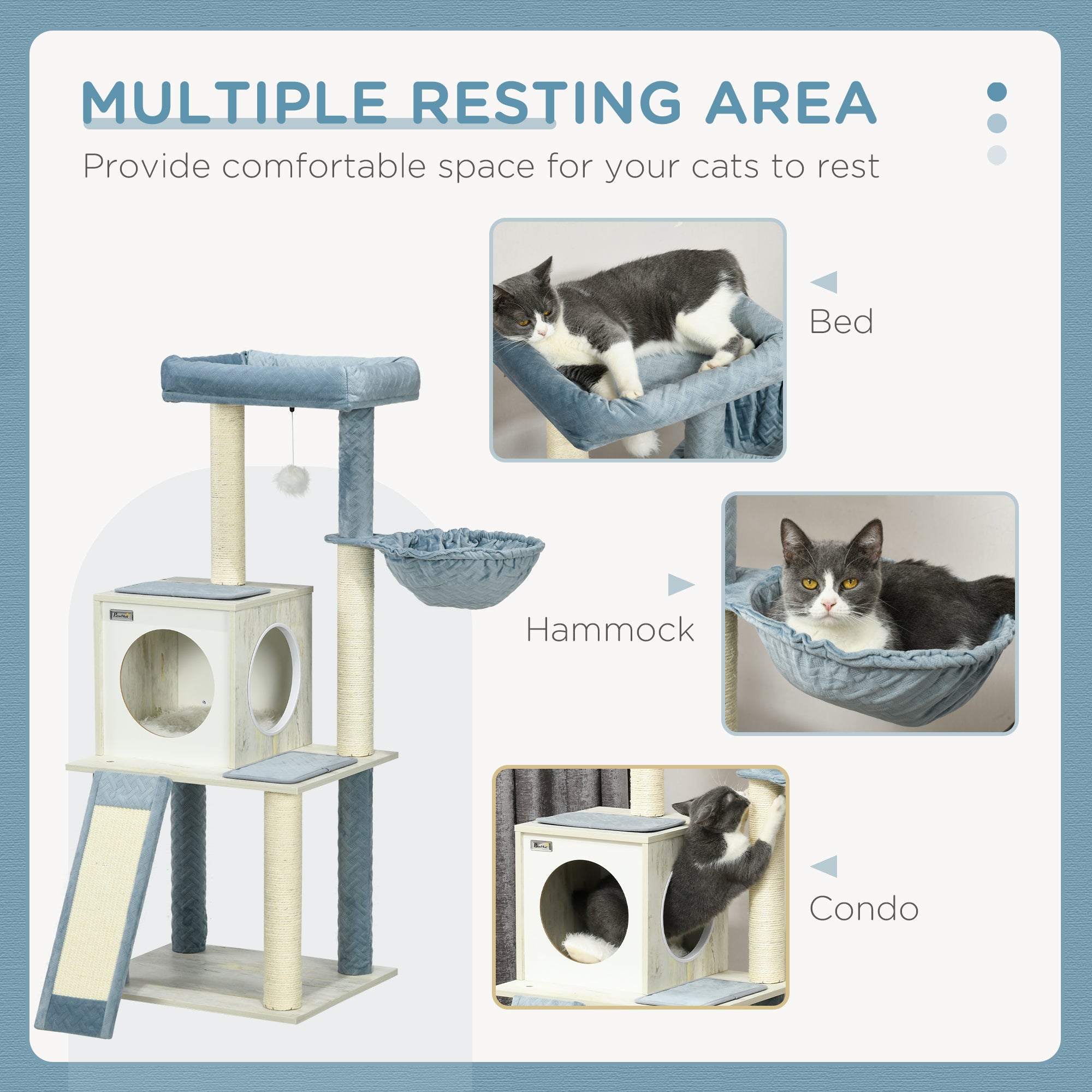 PawHut Cat Tree for Indoor Cats Cat Tower with Scratching Post Hammock Hanging Toy - Blue