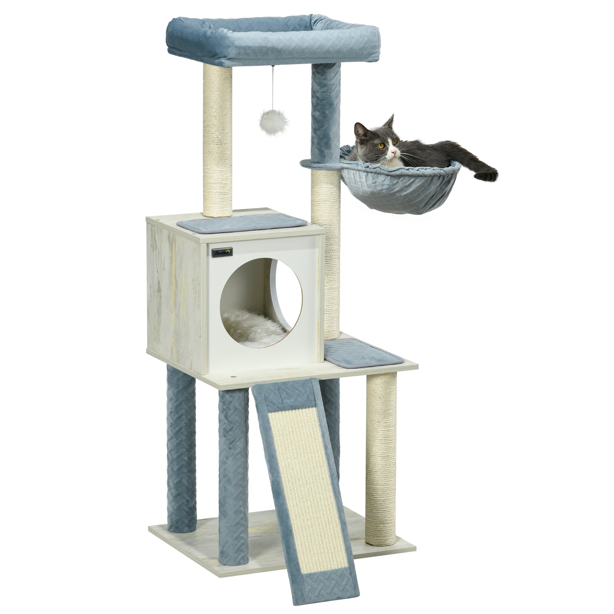 PawHut Cat Tree for Indoor Cats Cat Tower with Scratching Post Hammock Hanging Toy - Blue