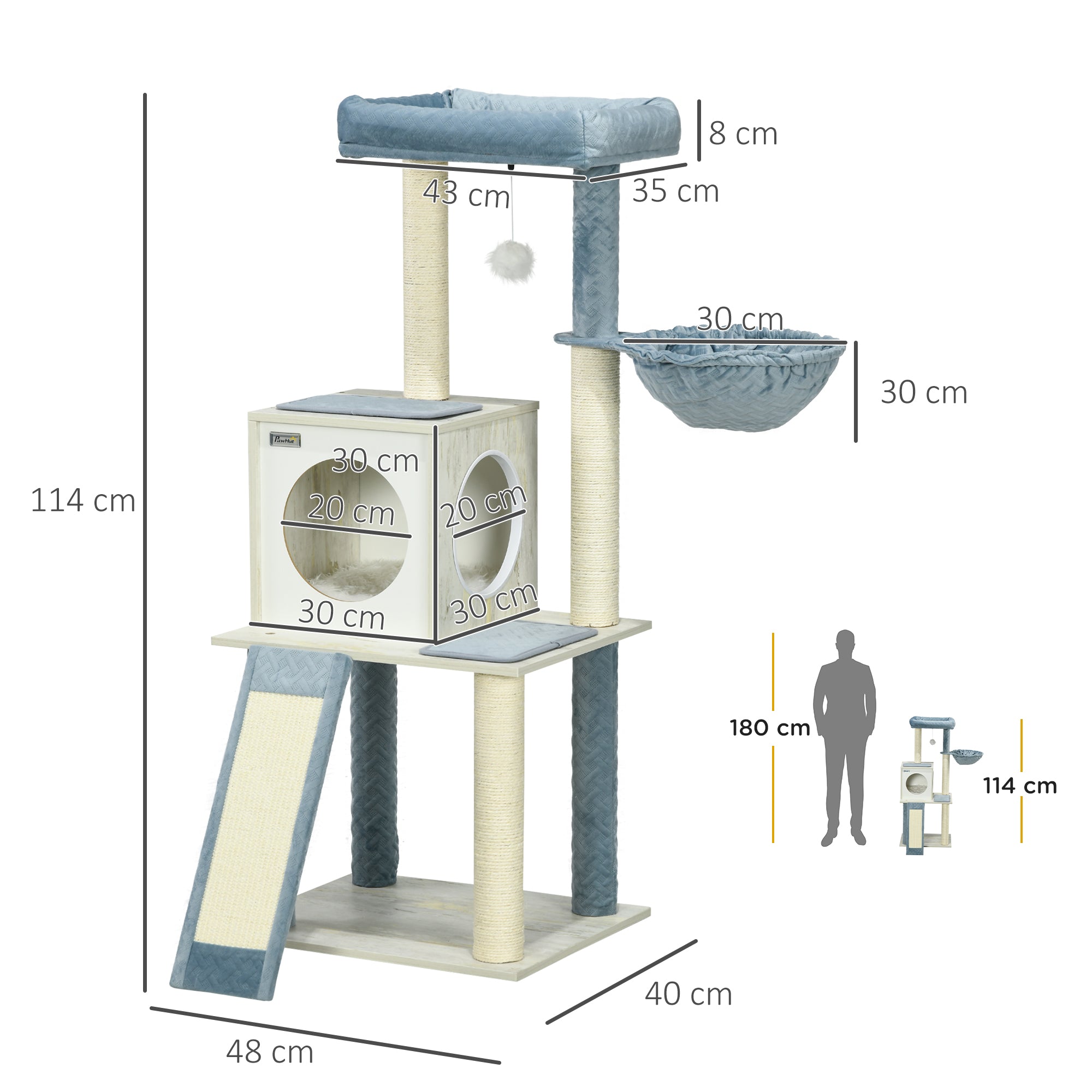 PawHut Cat Tree for Indoor Cats Cat Tower with Scratching Post Hammock Hanging Toy - Blue